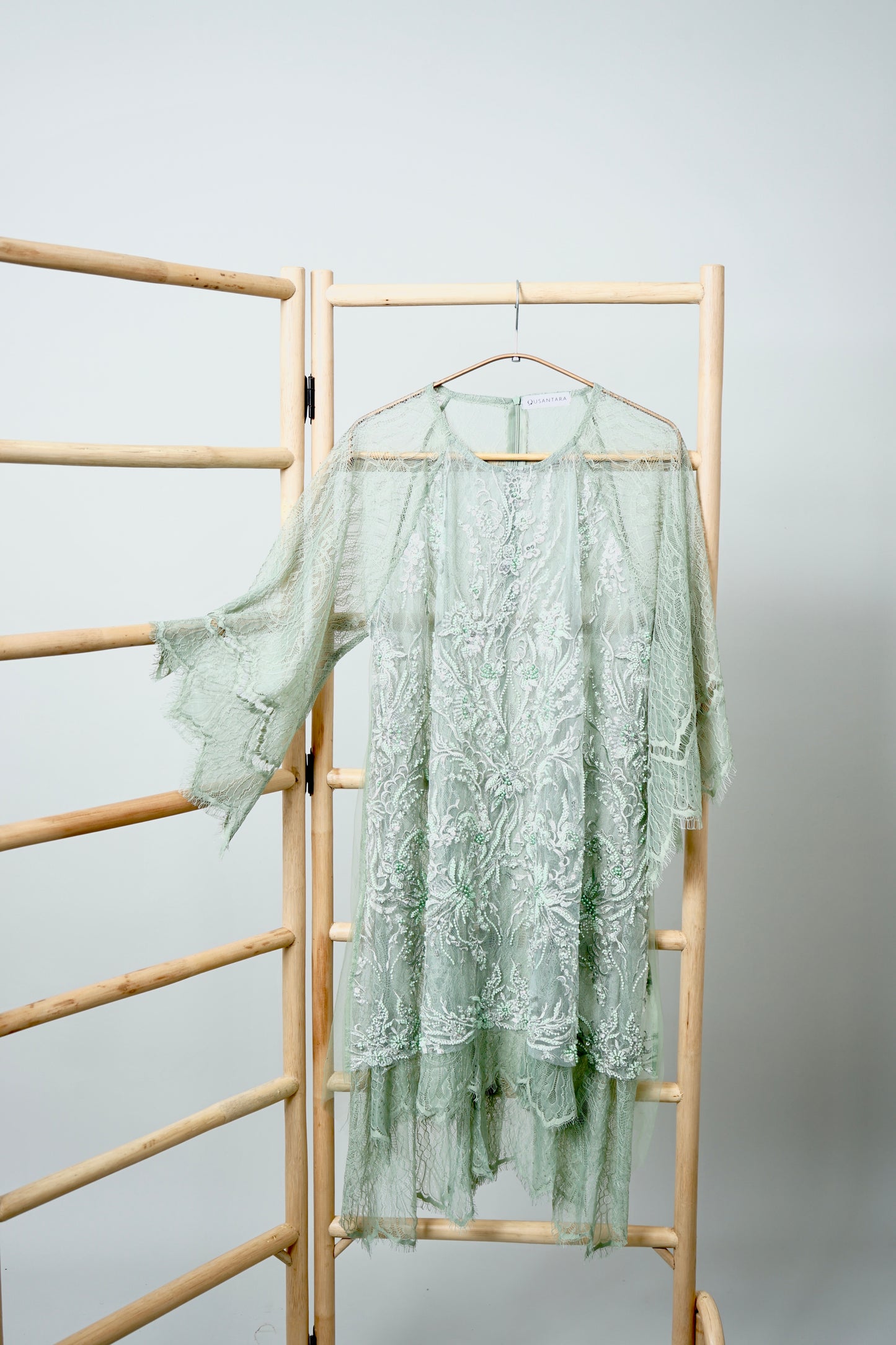Kirana Beaded Lace Tunic Top In Sage Green