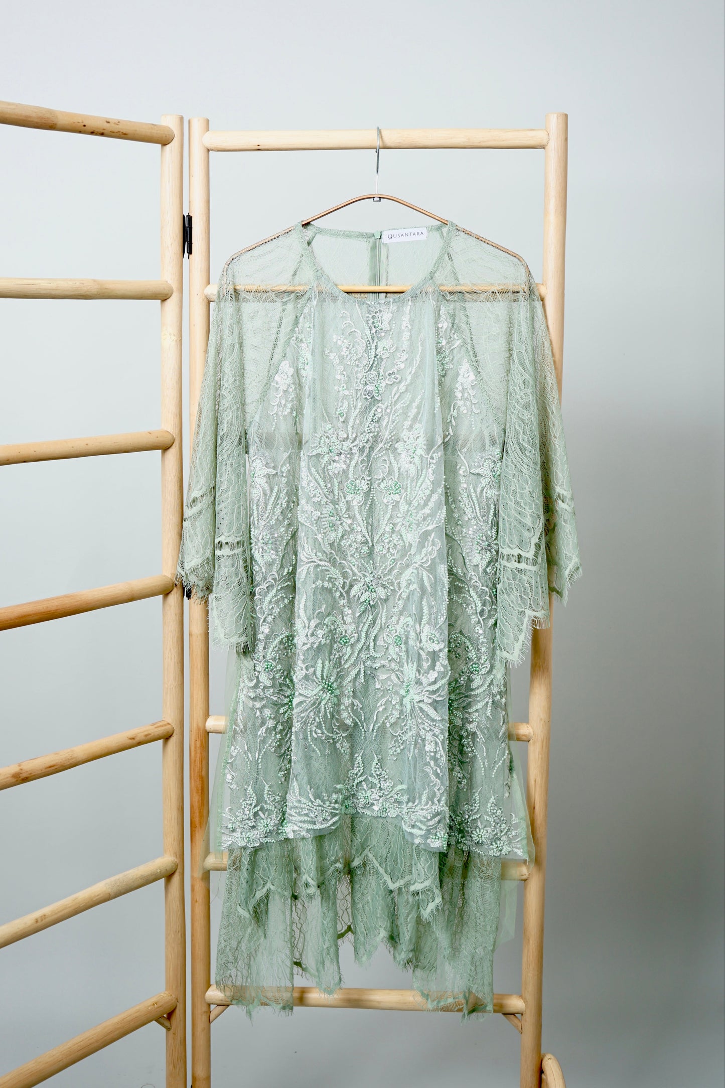 Kirana Beaded Lace Tunic Top In Sage Green
