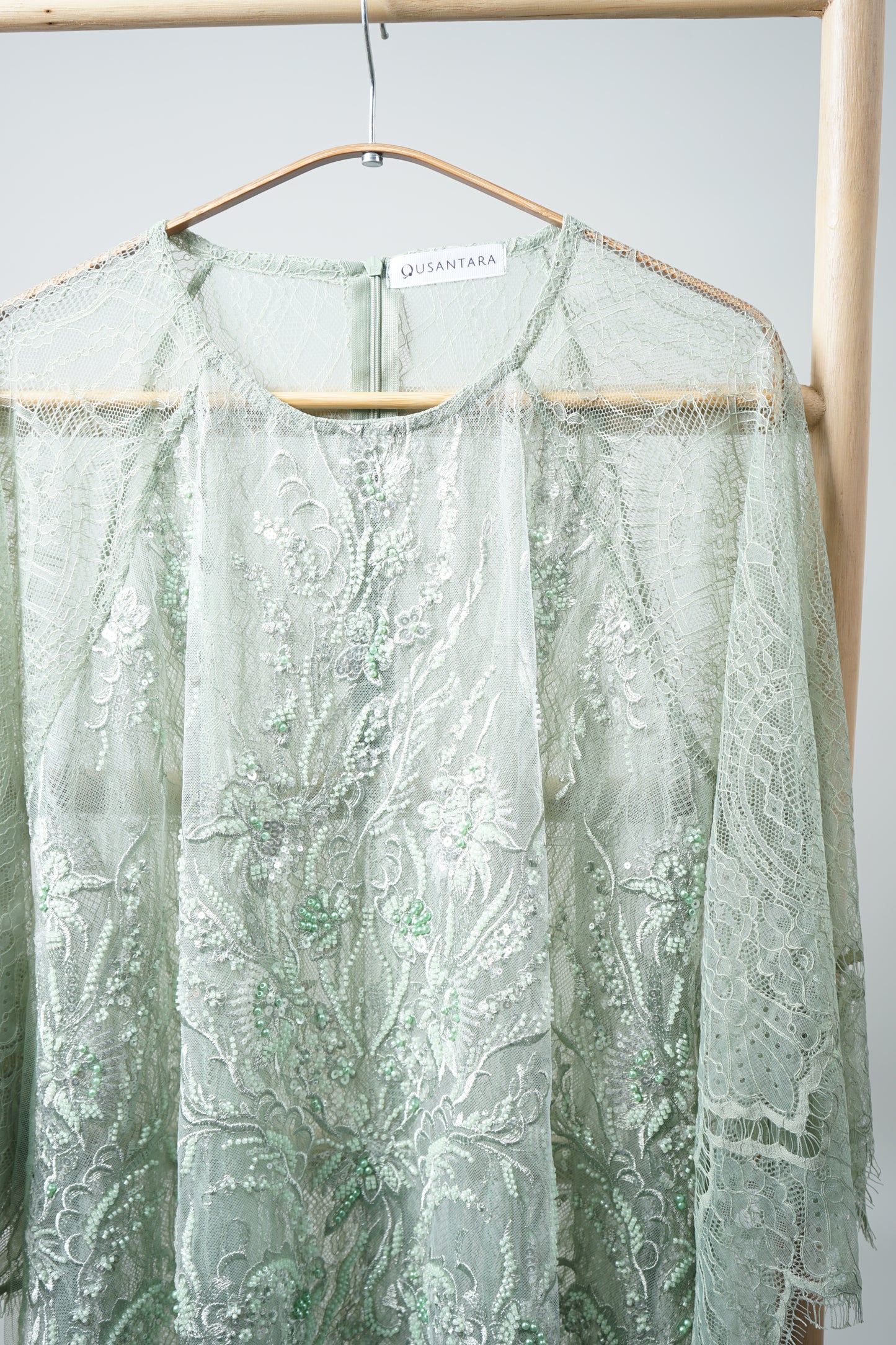 Kirana Beaded Lace Tunic Top In Sage Green
