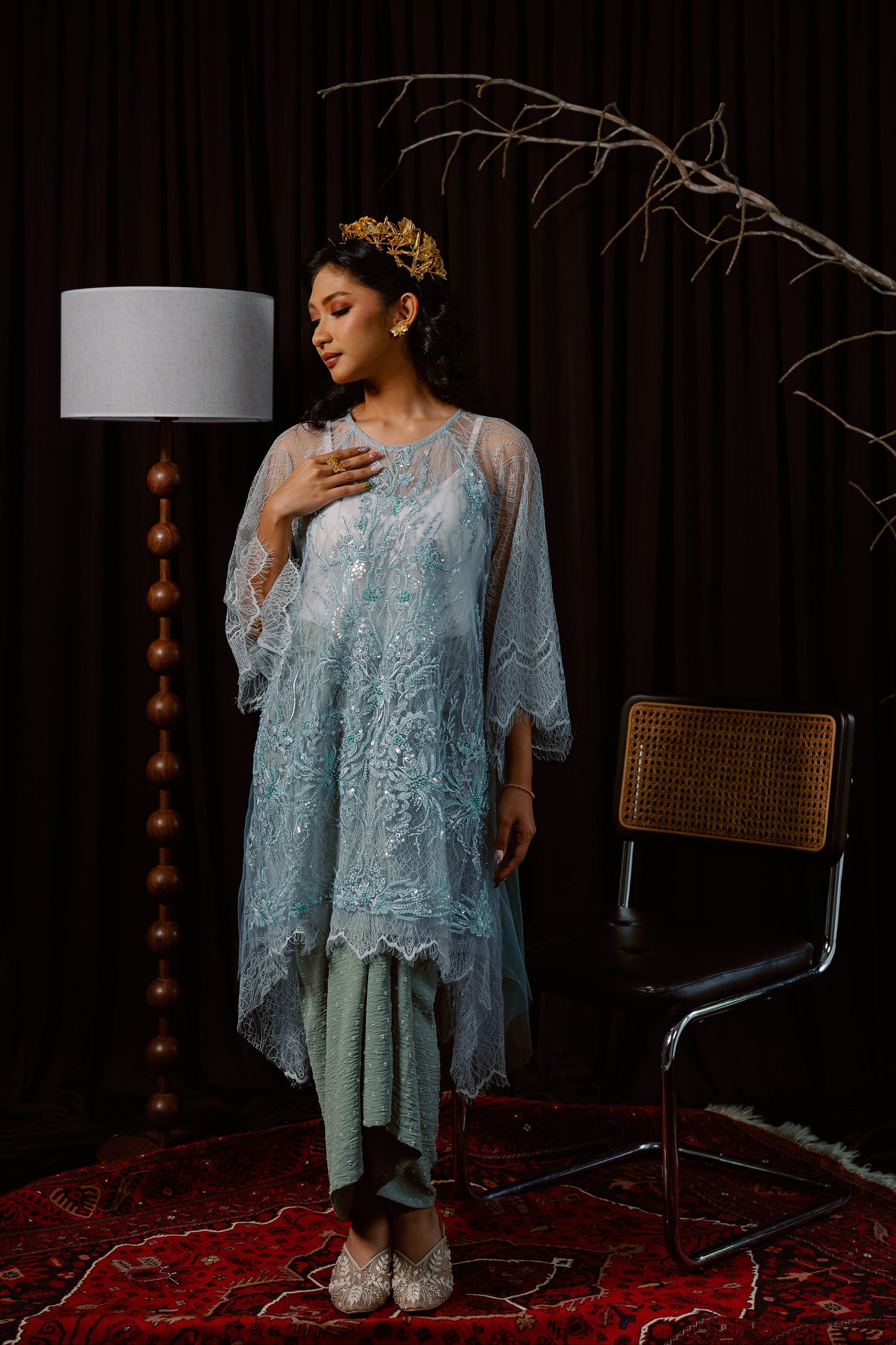 Kirana Beaded Lace Tunic Top In Lilac