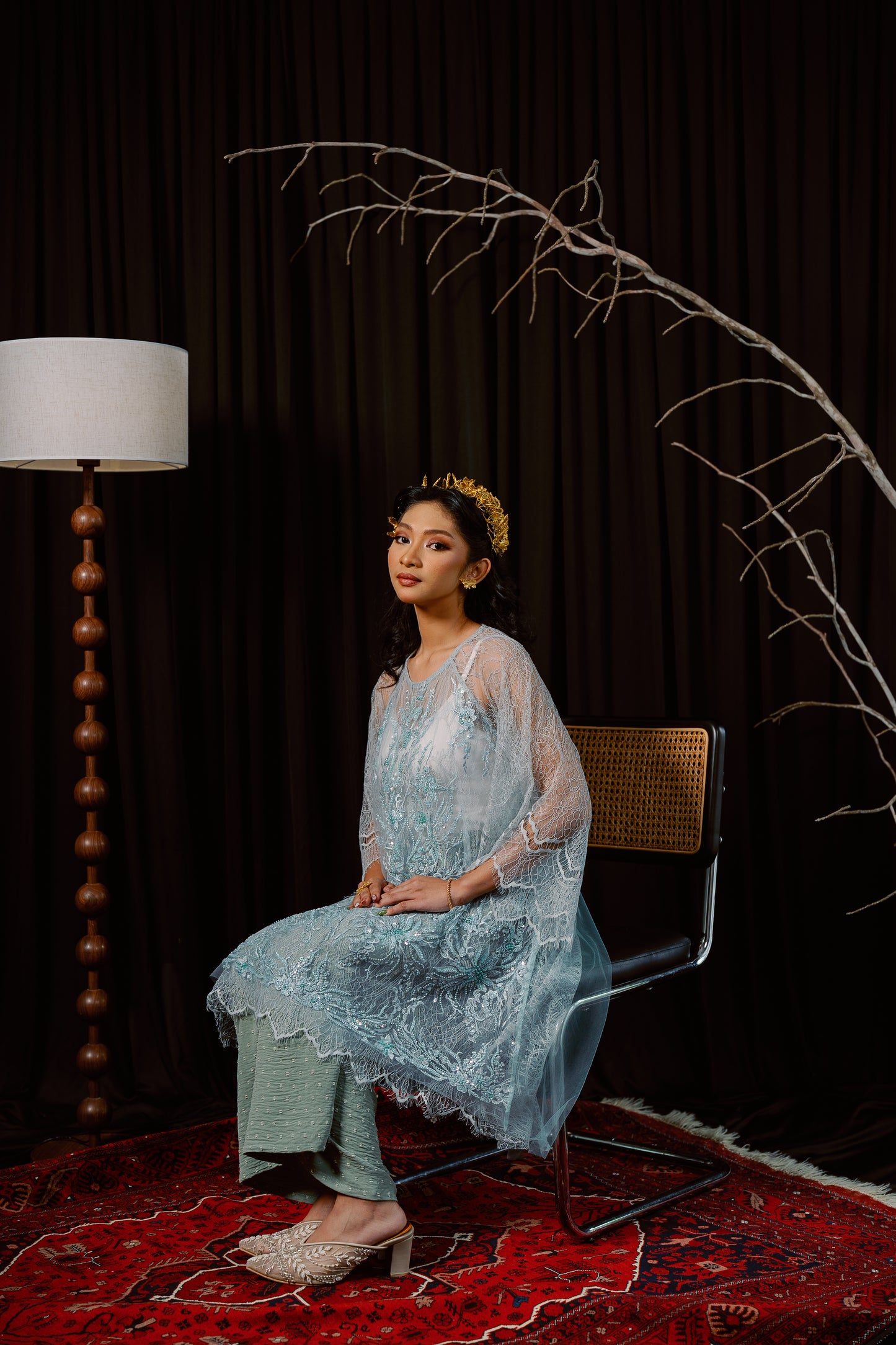 Kirana Beaded Lace Tunic Top In Grey