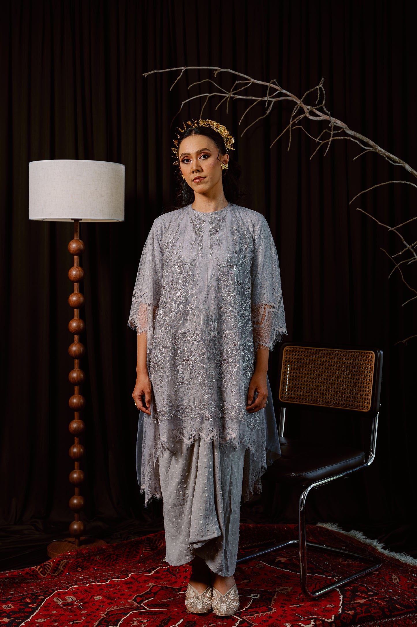 Kirana Beaded Lace Tunic Top In Sage Green