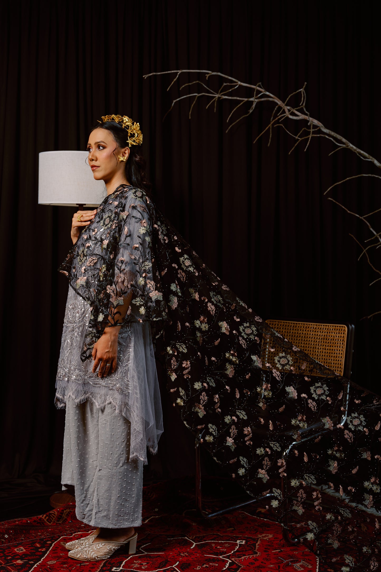 Dahlia Bejewelled Selendang in Black