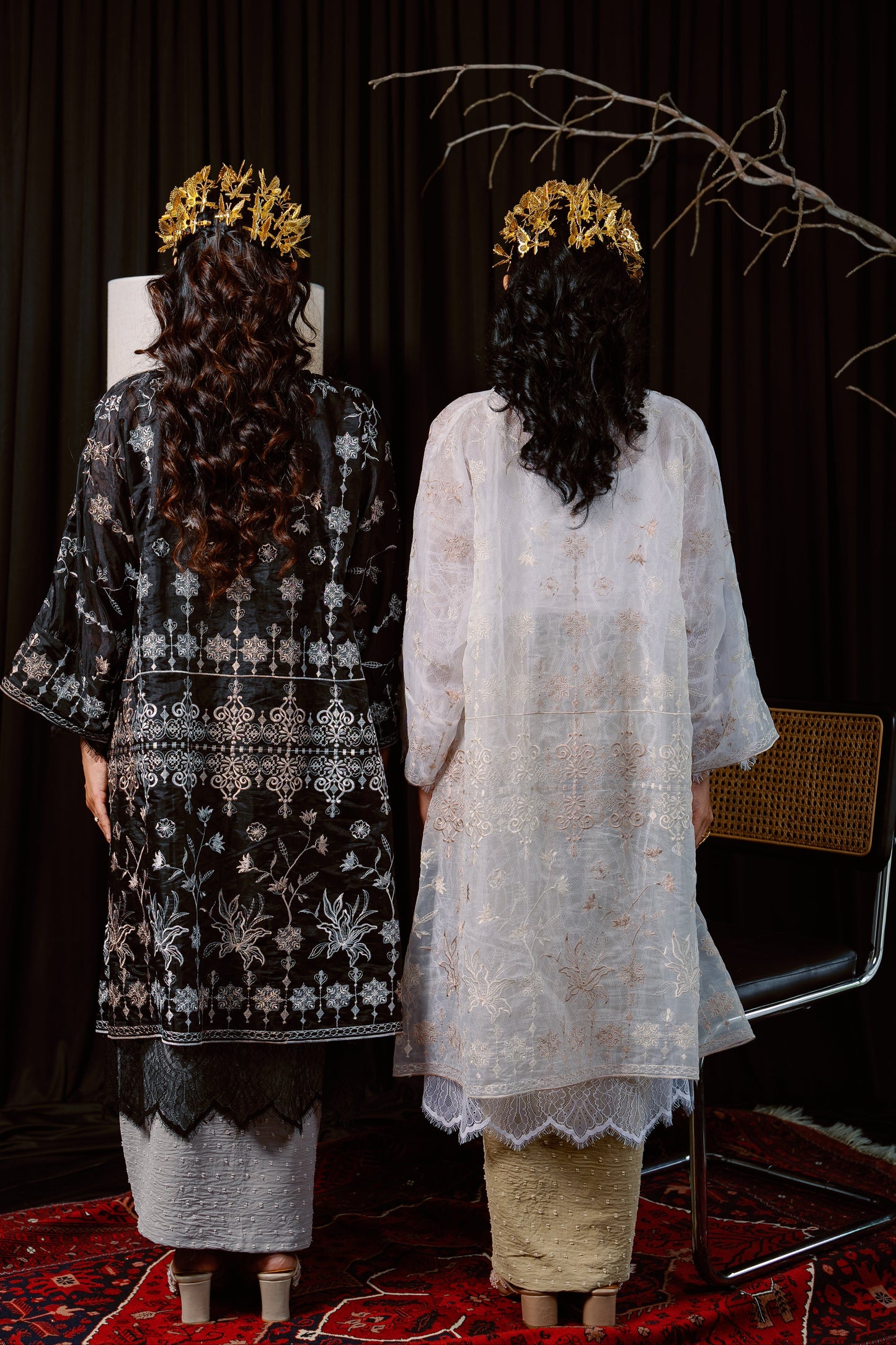 Ratna Lace Kurung Top in Black with Grey & Nude Embroidery