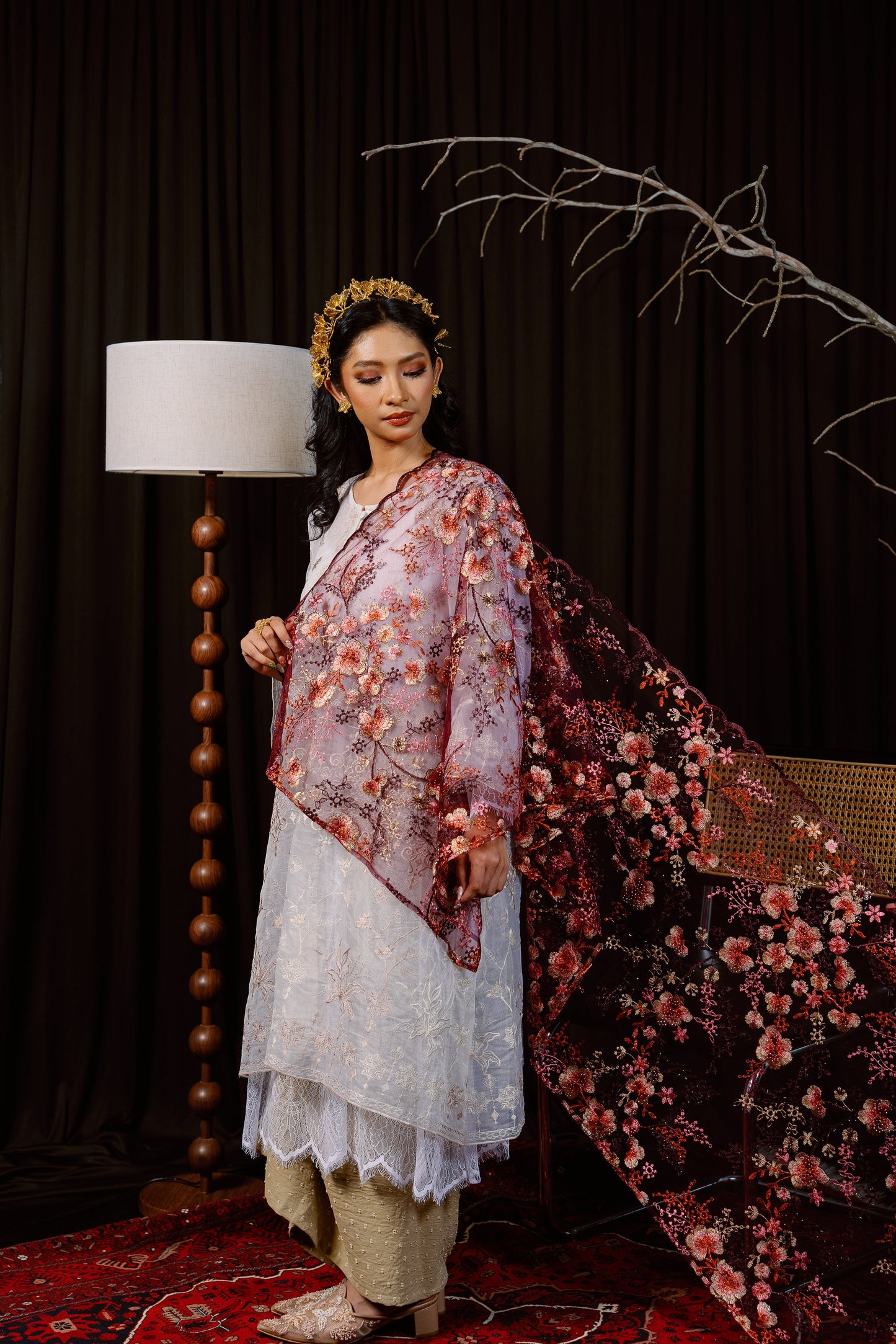 Sakura Bejewelled Selendang in Burgundy