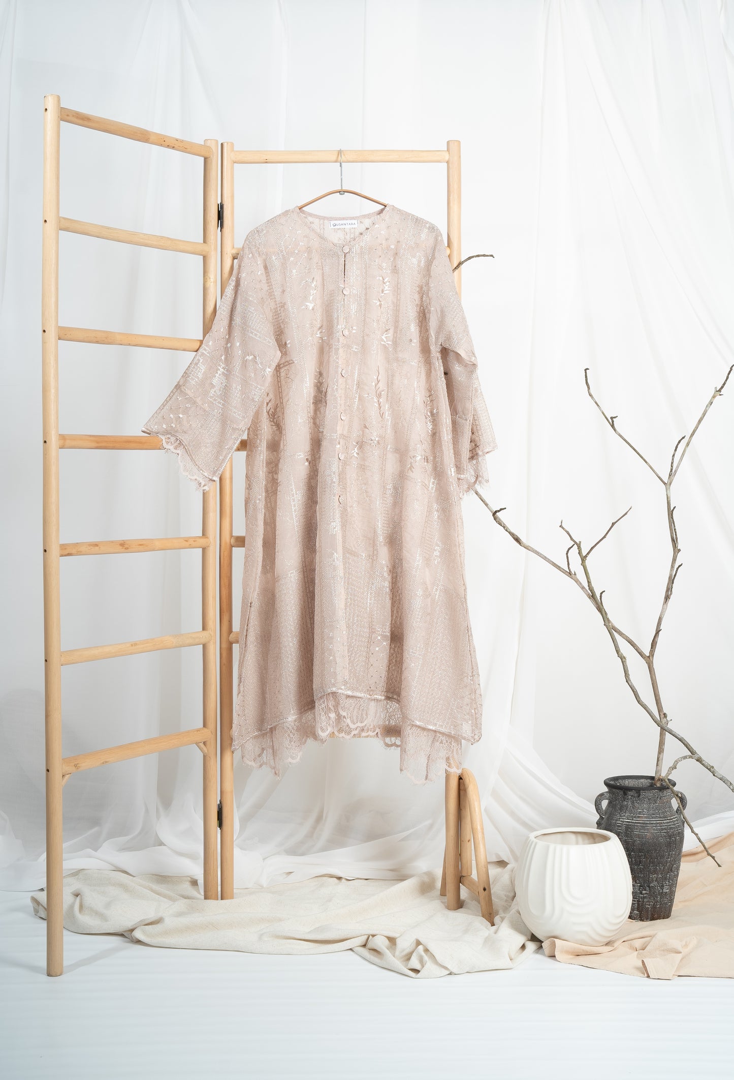 Anggun Fully Embroidered Lace Kurung Top in Nude Pink