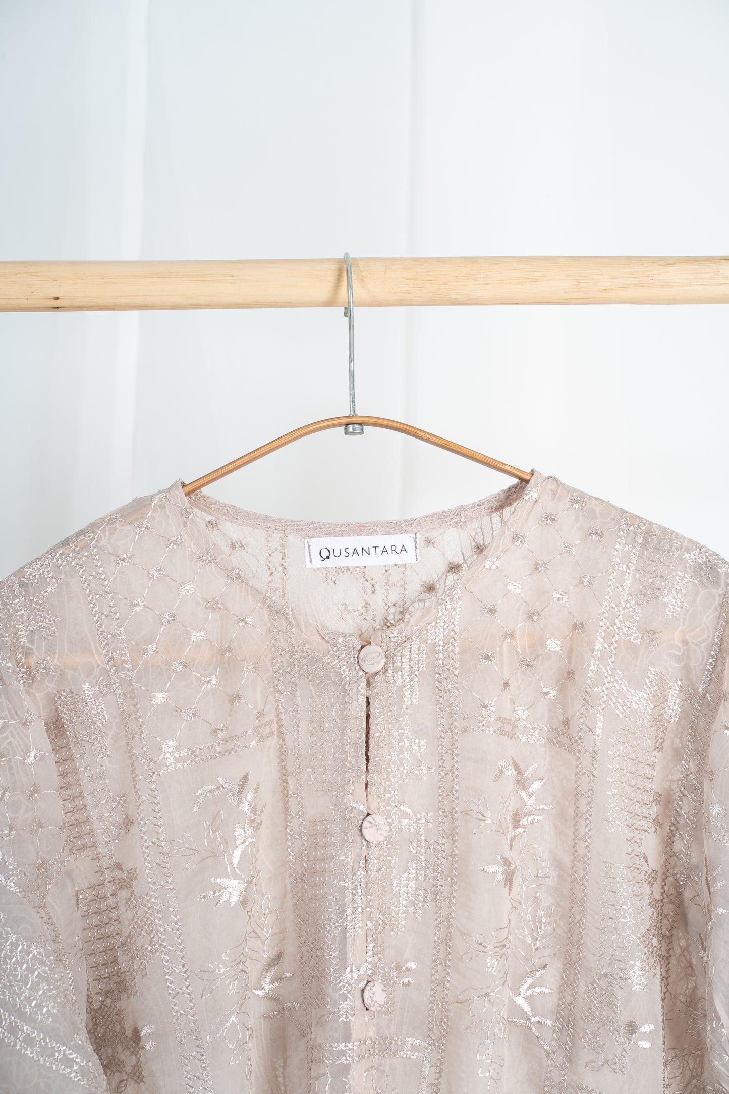 Anggun Fully Embroidered Lace Kurung Top in Nude Pink