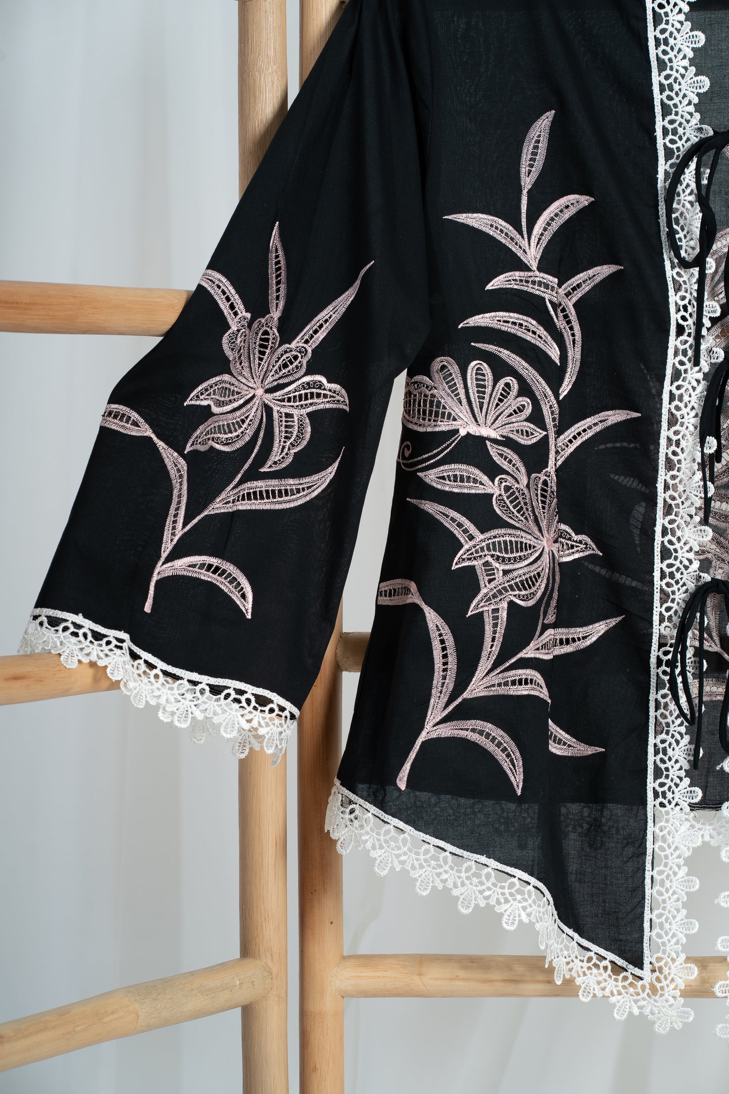 Rerama Hand Embroidered Kebaya Top in Black & Pink