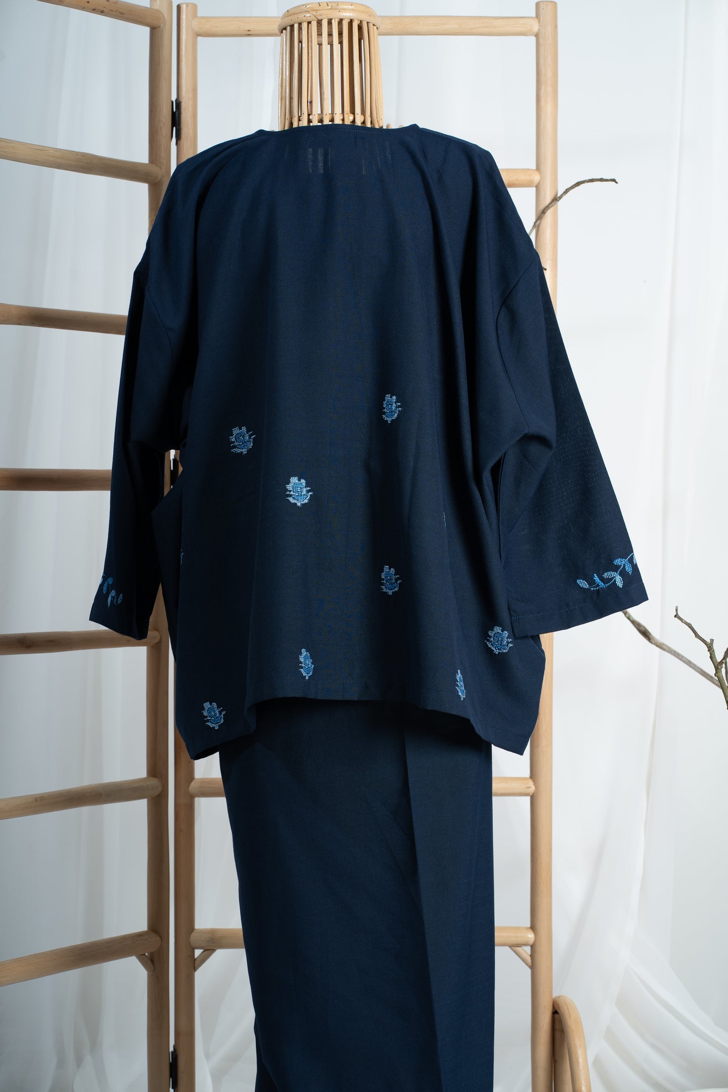 Indah Hand Embroidered Kurung Kedah Set in Navy Blue