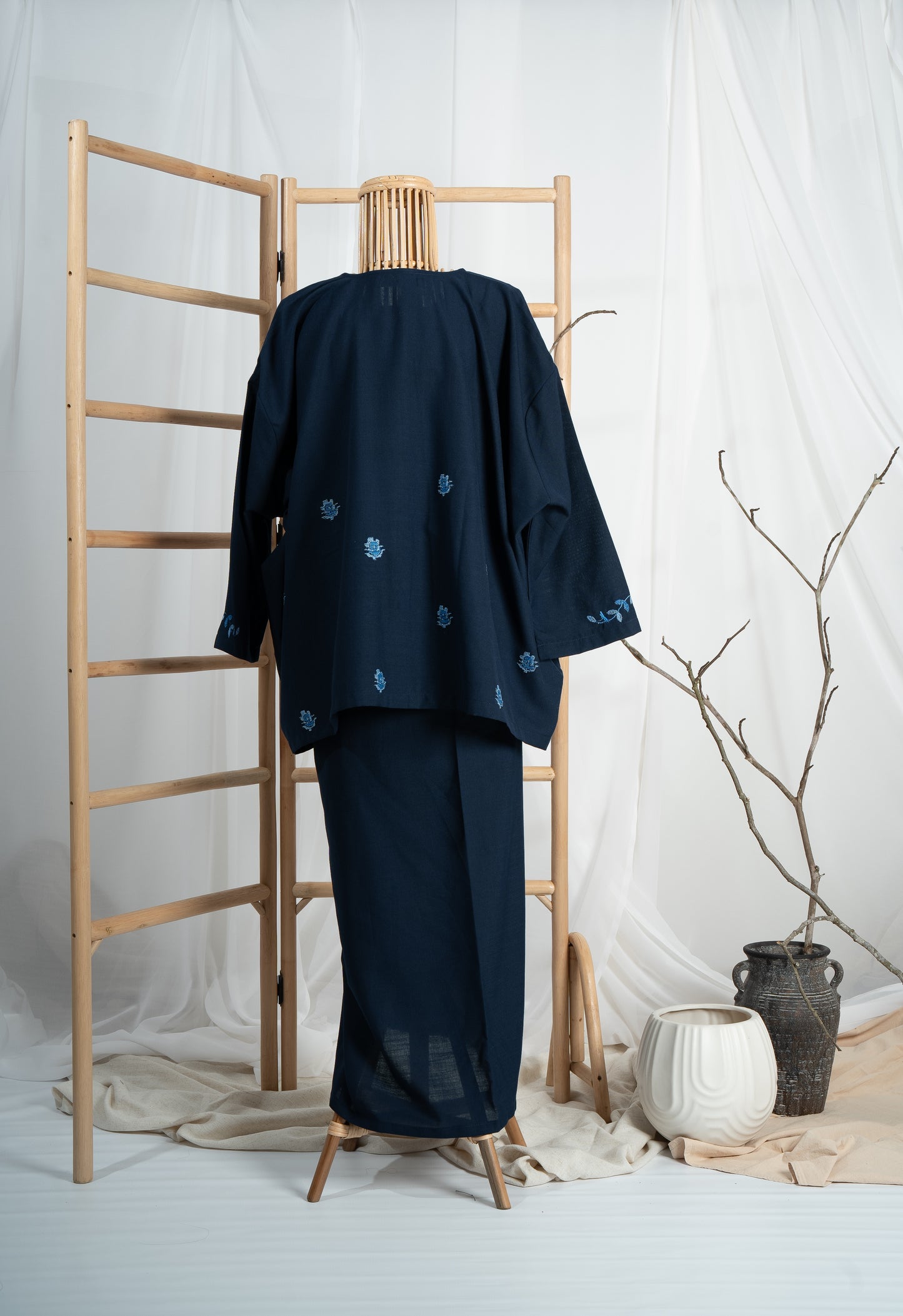 Indah Hand Embroidered Kurung Kedah Set in Navy Blue