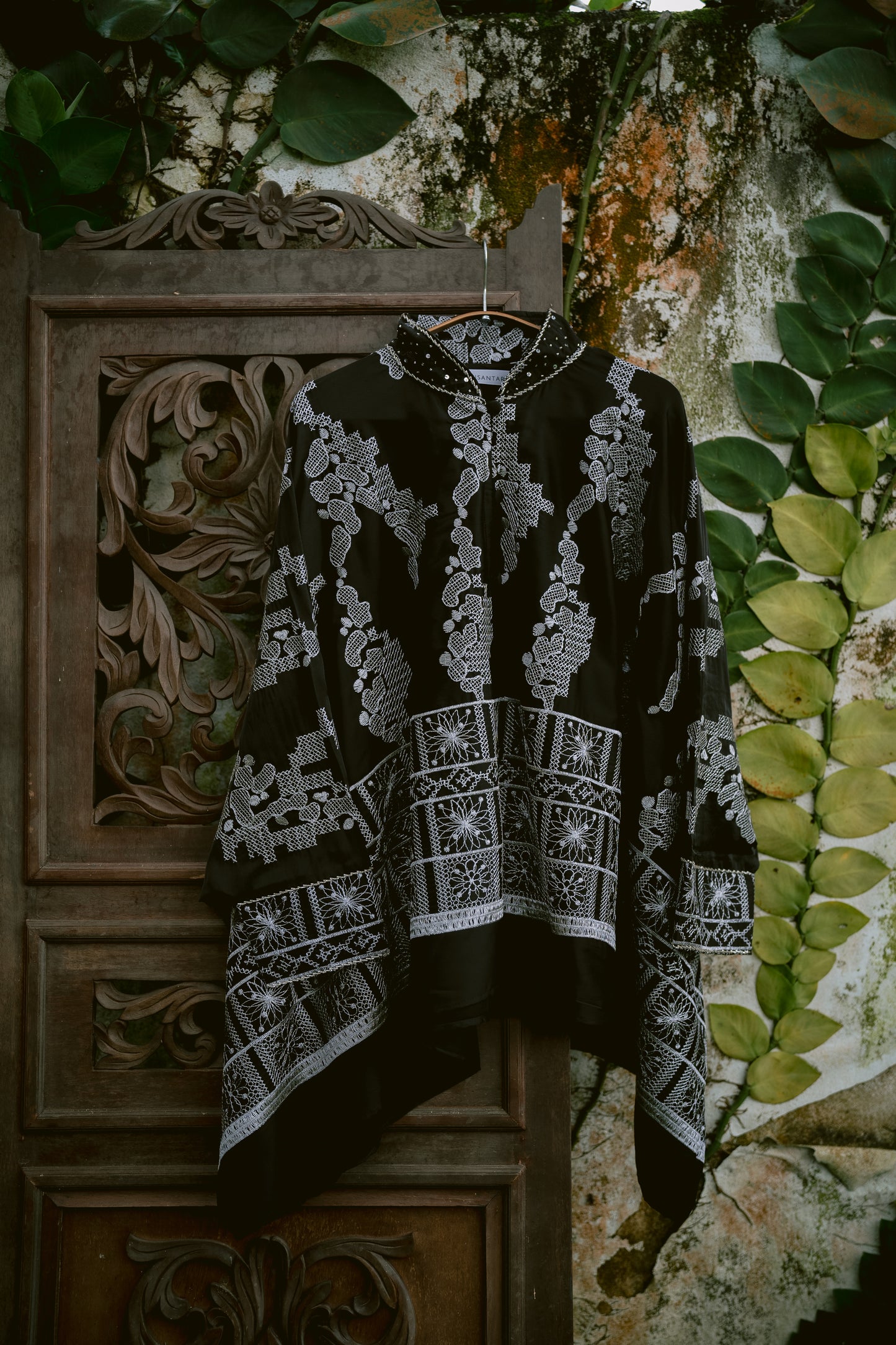 Gemalai Beaded Batwing Top in Black & Silver Embroidery