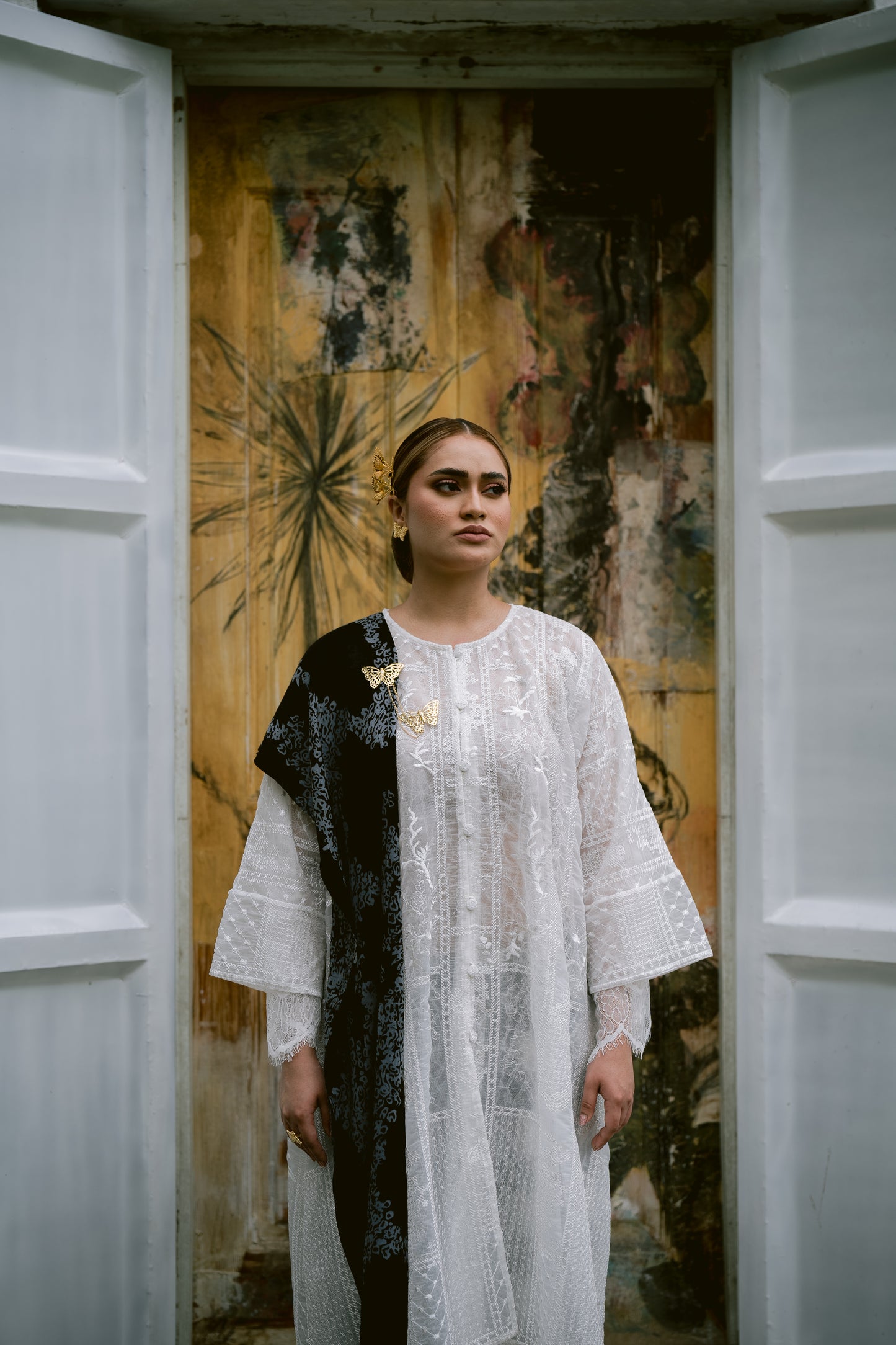 Anggun Fully Embroidered Lace Kurung Top in Nude Pink