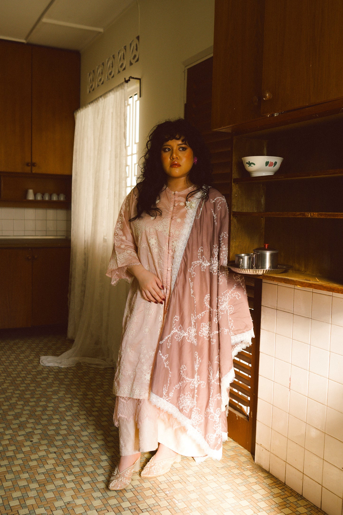 Kasih Lace Kurung Top in Soft Pink with Ivory Embroidery