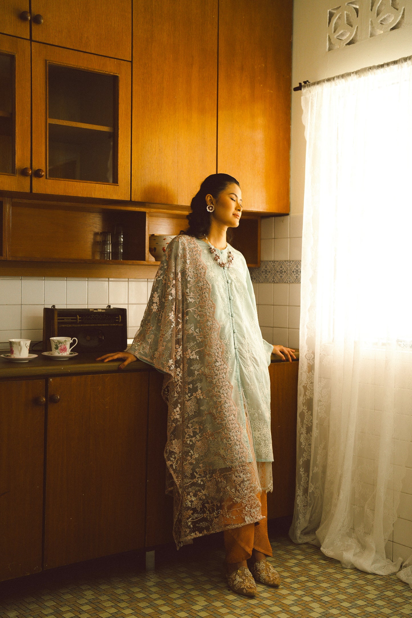 Kasih Lace Kurung Top in Soft Green with Ivory Embroidery