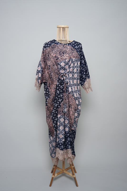 Kesuma Melur Kaftan in Navy Blue with Beige Lace