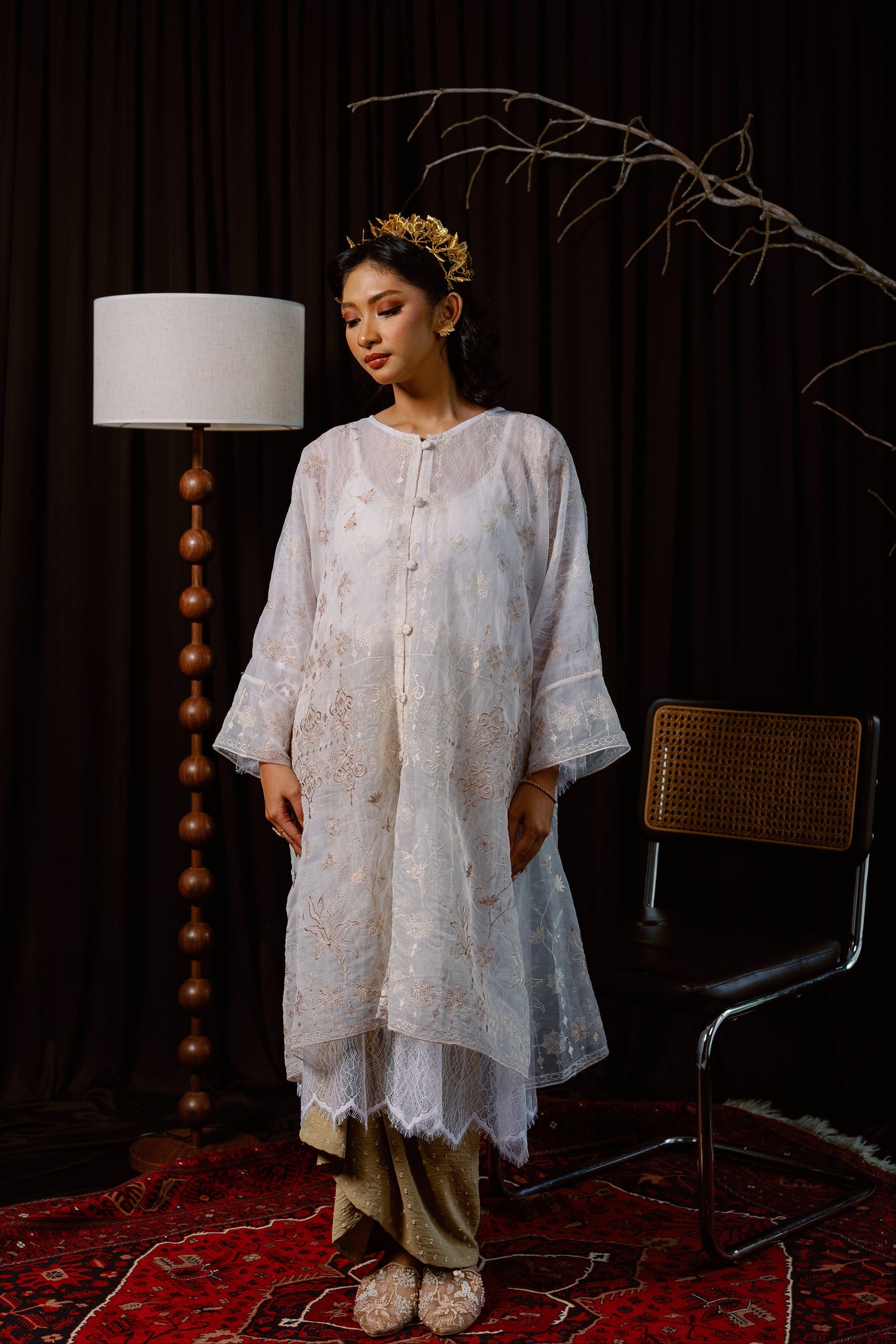 Ratna Lace Kurung Top in White with Nude Embroidery