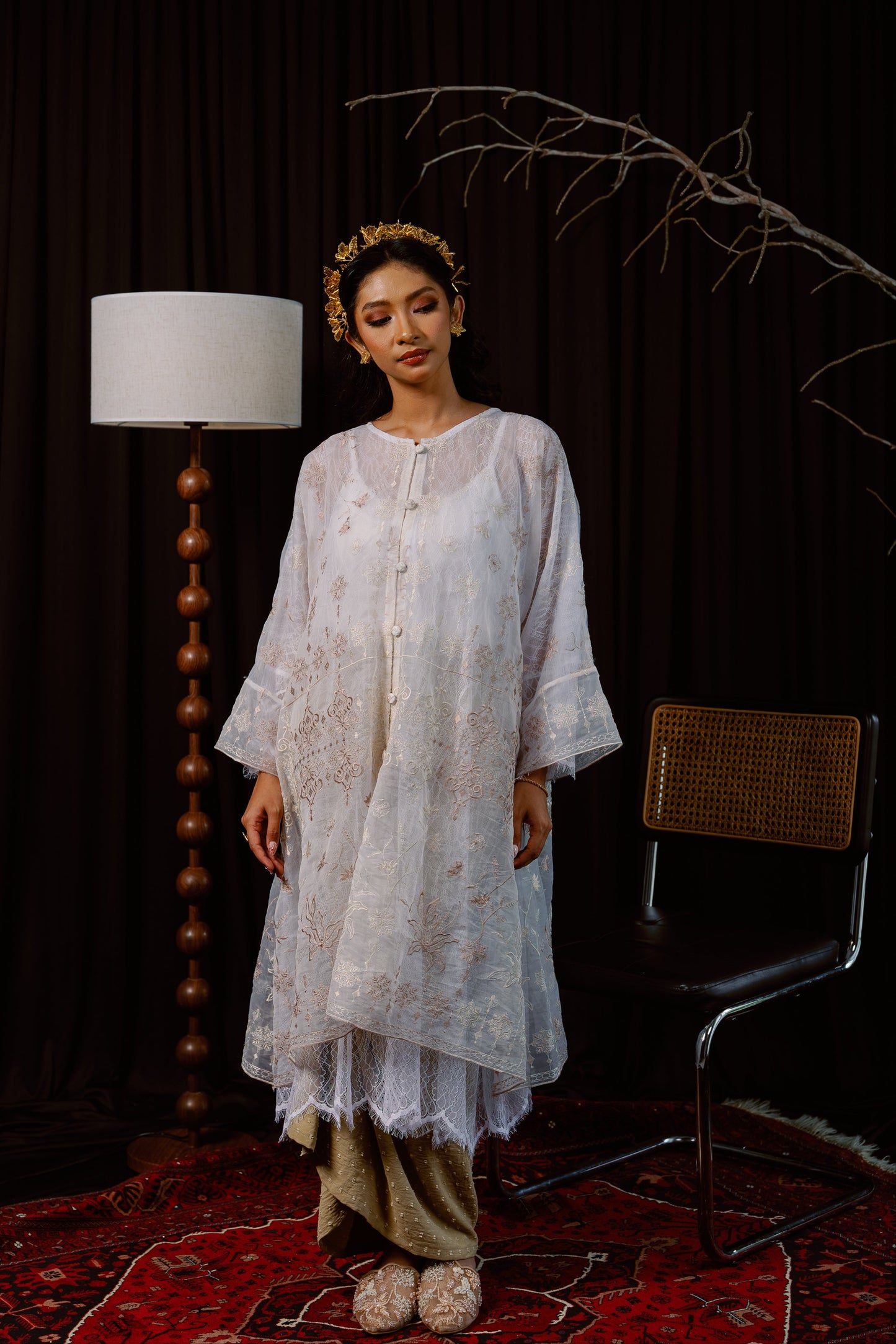 Ratna Lace Kurung Top in White with Nude Embroidery