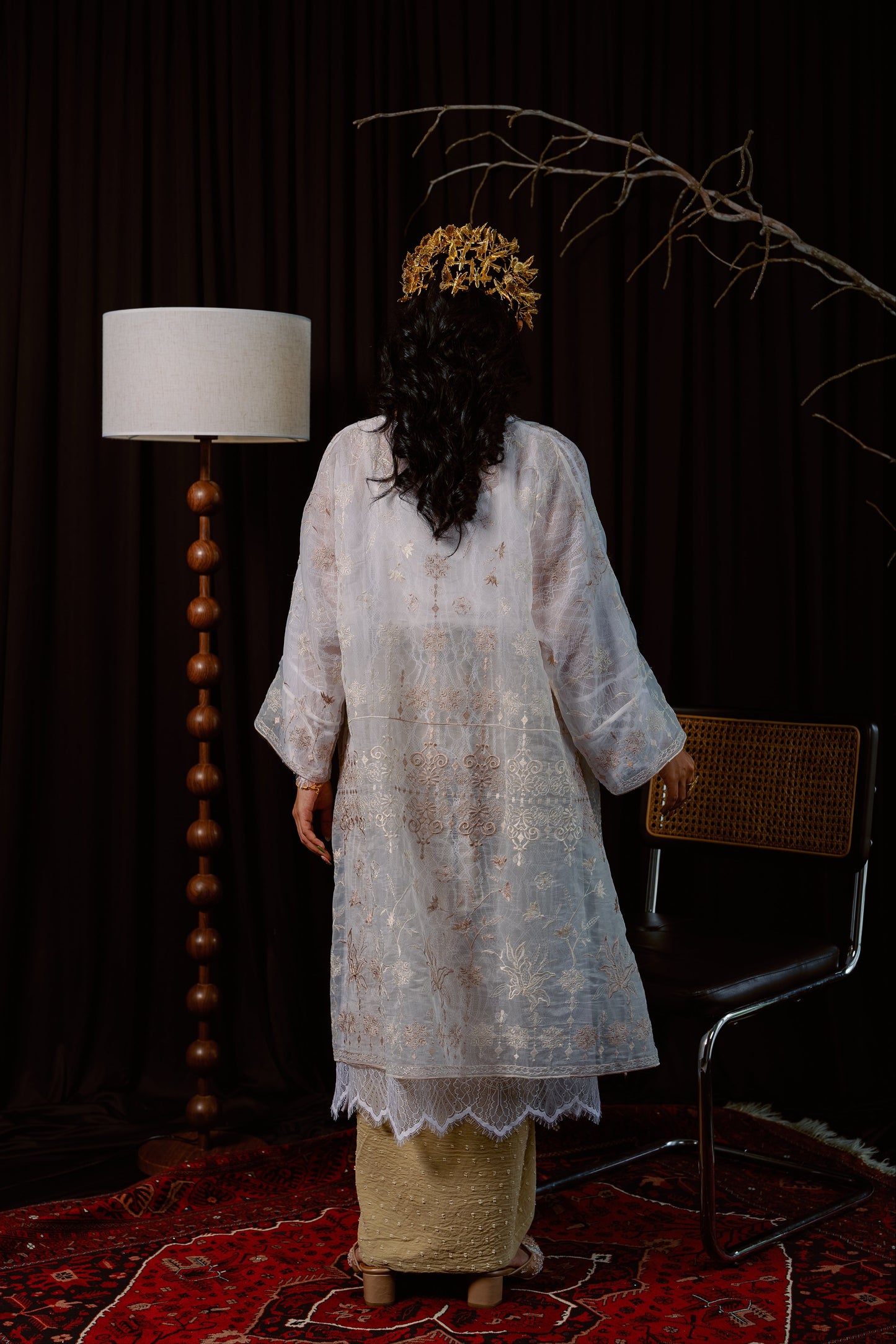 Ratna Lace Kurung Top in White with Nude Embroidery