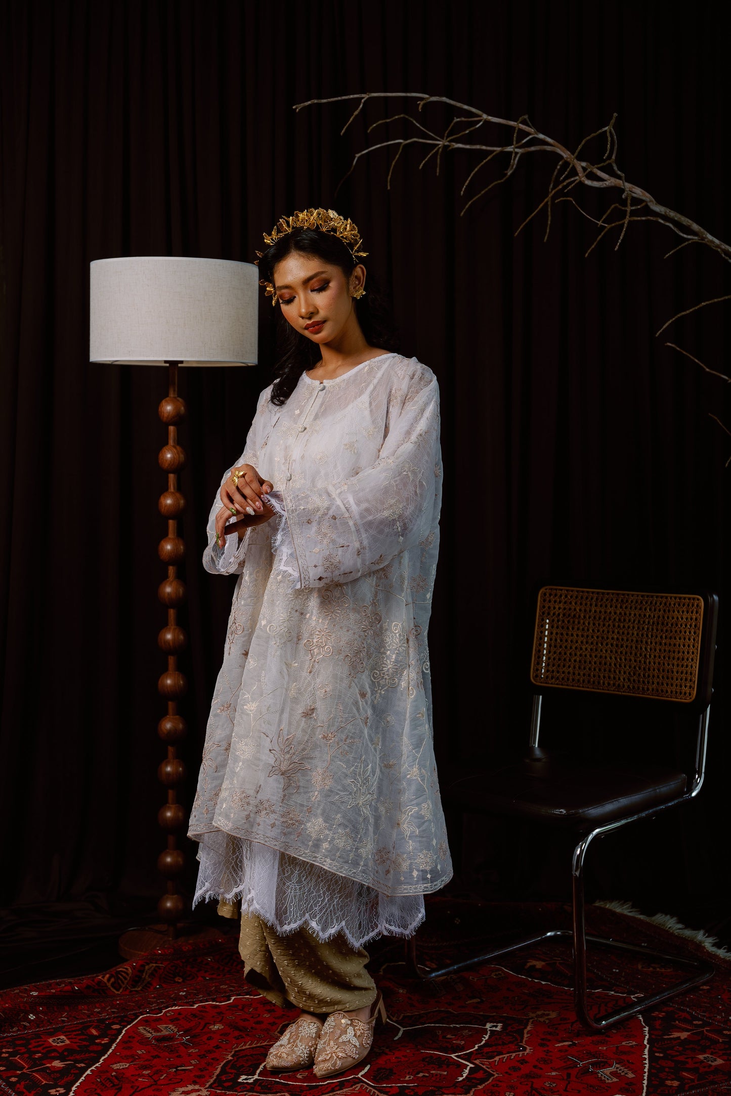 Ratna Lace Kurung Top in White with Nude Embroidery