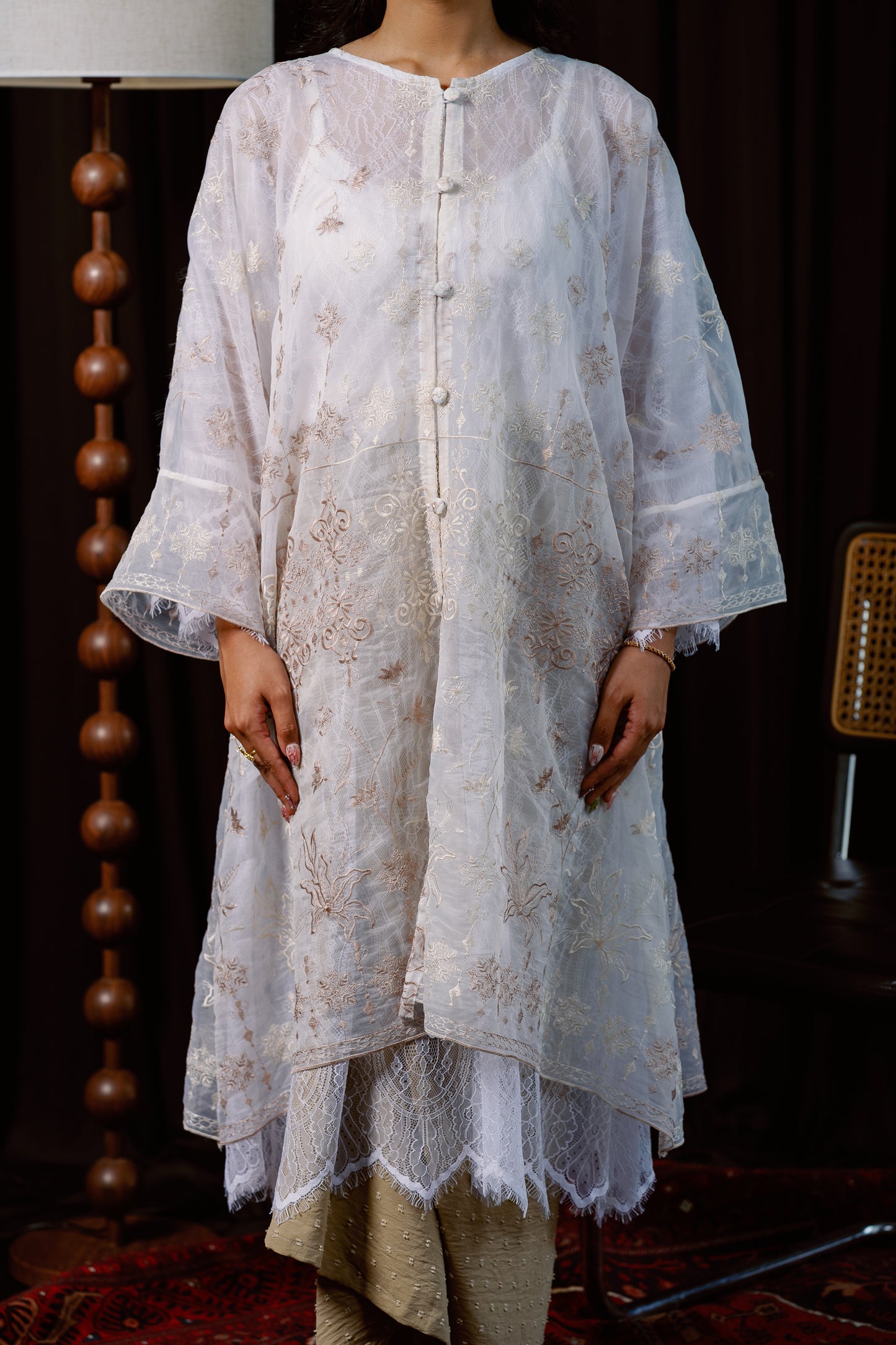 Ratna Lace Kurung Top in White with Nude Embroidery