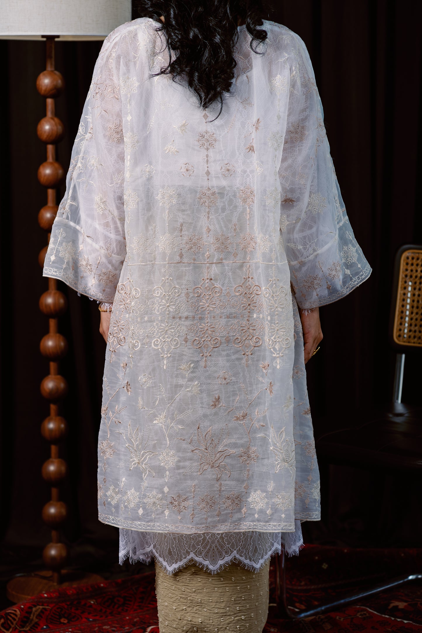 Ratna Lace Kurung Top in White with Nude Embroidery