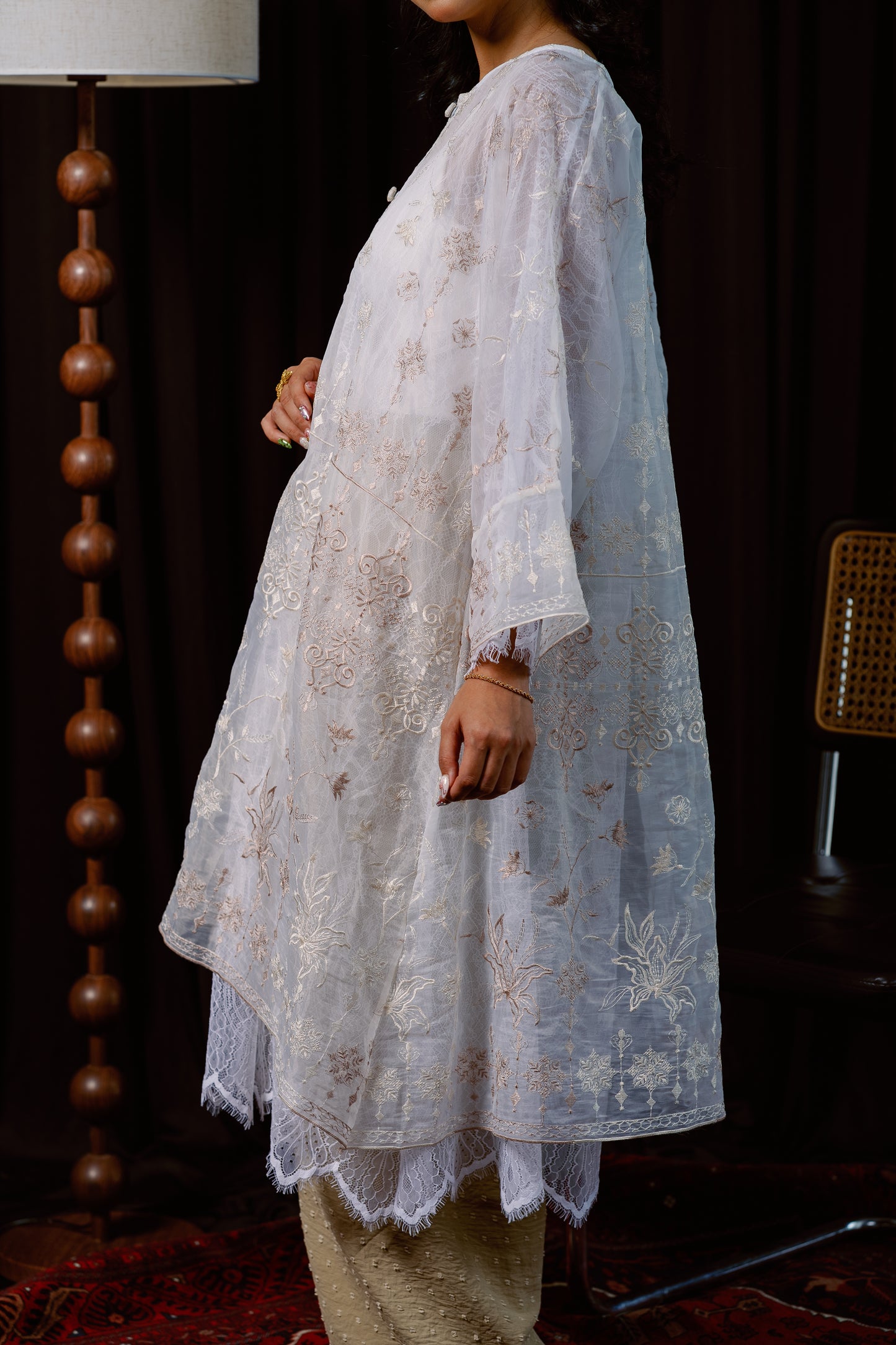 Ratna Lace Kurung Top in White with Nude Embroidery