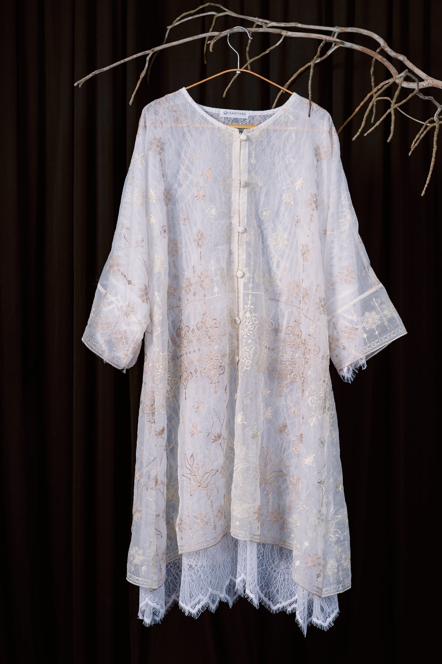 Ratna Lace Kurung Top in White with Nude Embroidery