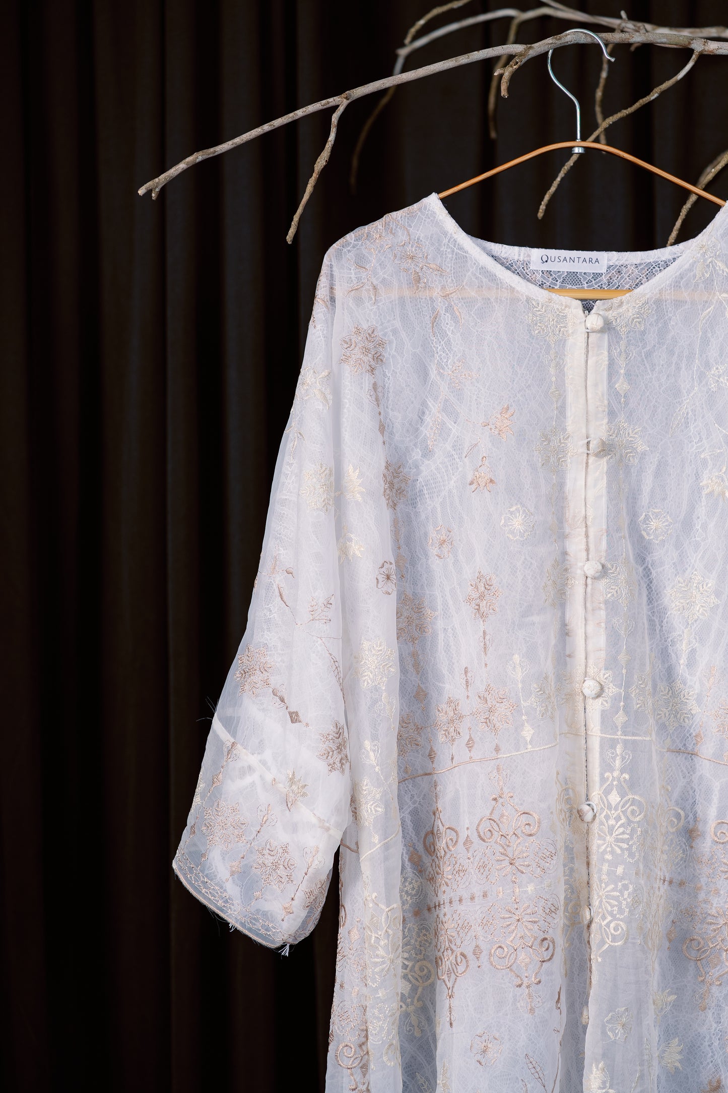 Ratna Lace Kurung Top in White with Nude Embroidery