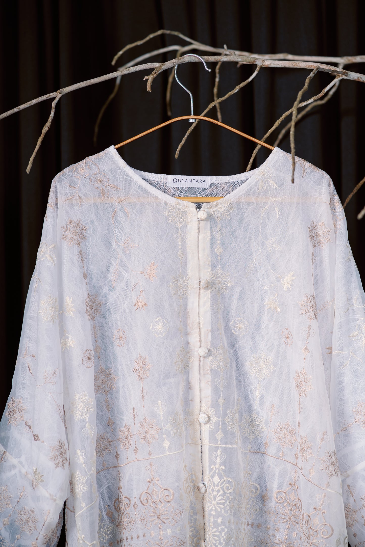 Ratna Lace Kurung Top in White with Nude Embroidery