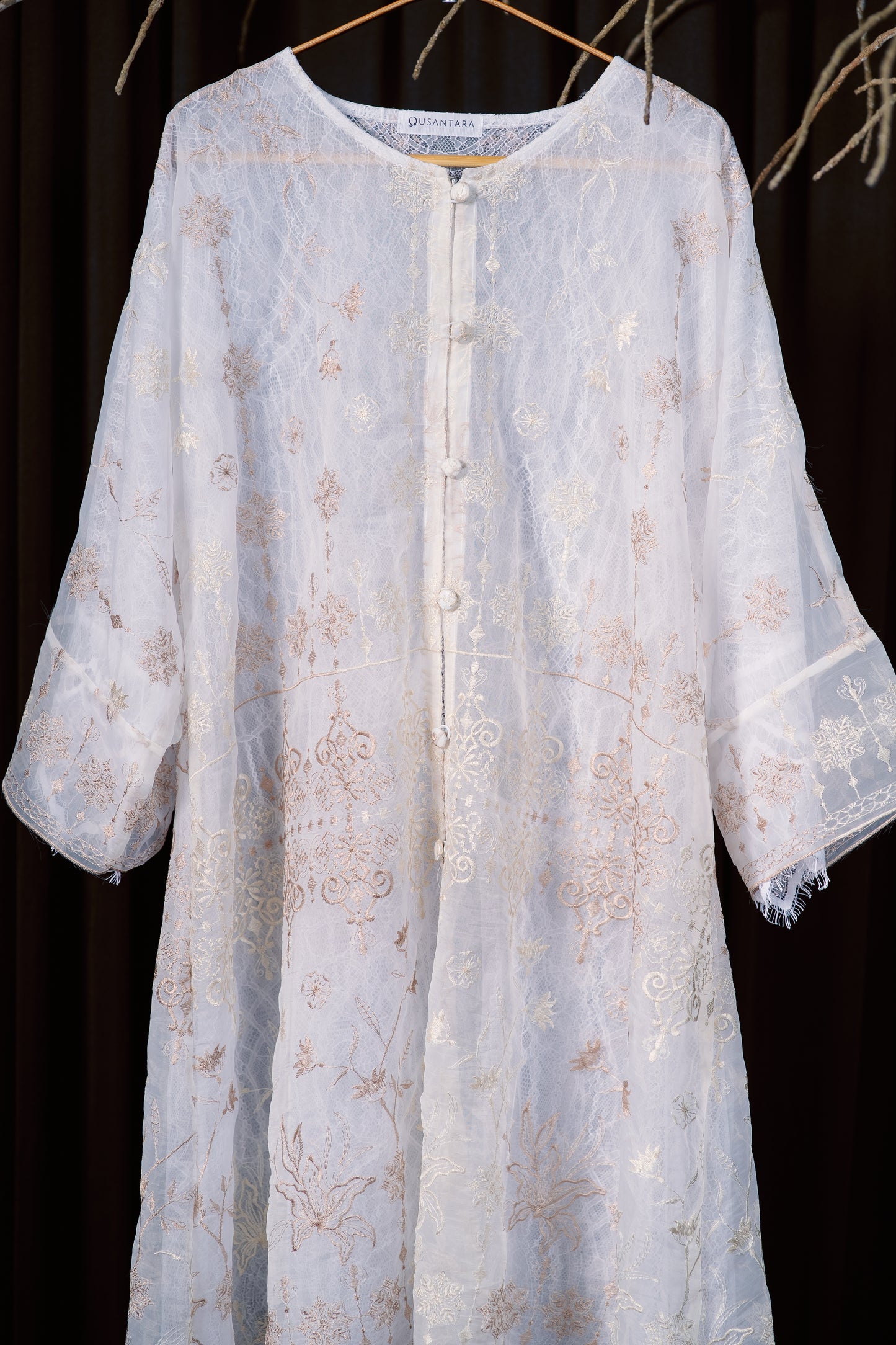 Ratna Lace Kurung Top in White with Nude Embroidery