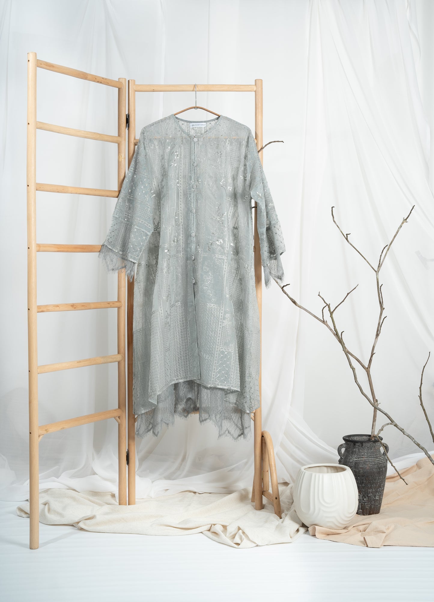 Anggun Fully Embroidered Lace Kurung Top in Grey