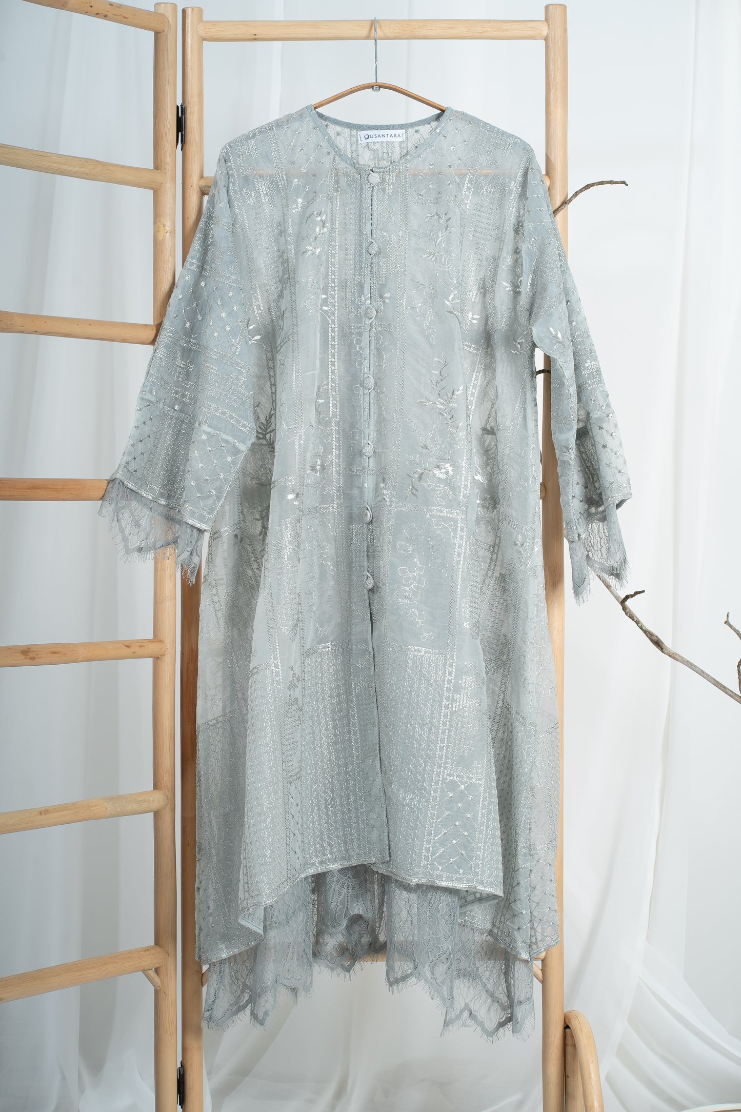 Anggun Fully Embroidered Lace Kurung Top in Grey