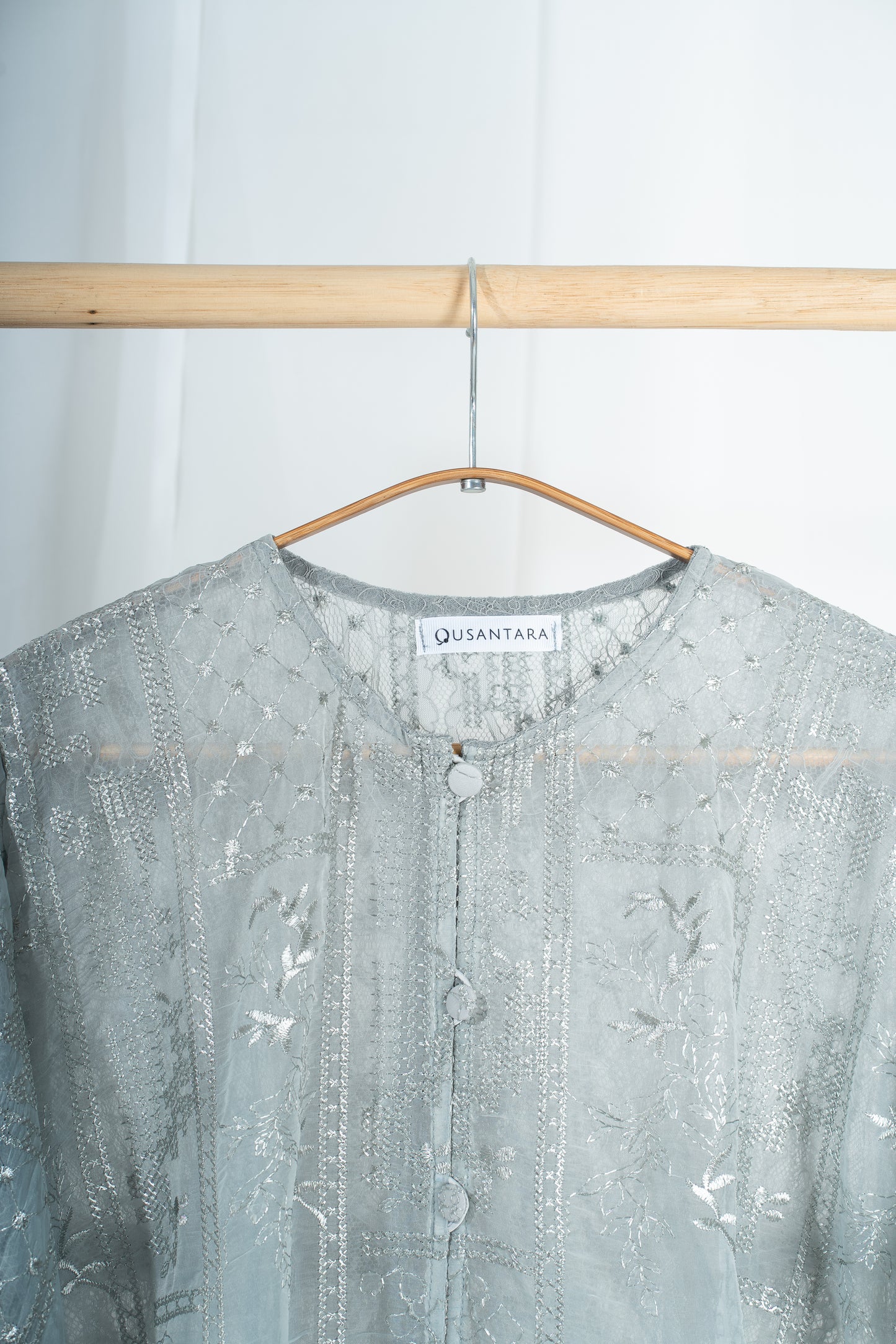 Anggun Fully Embroidered Lace Kurung Top in Grey