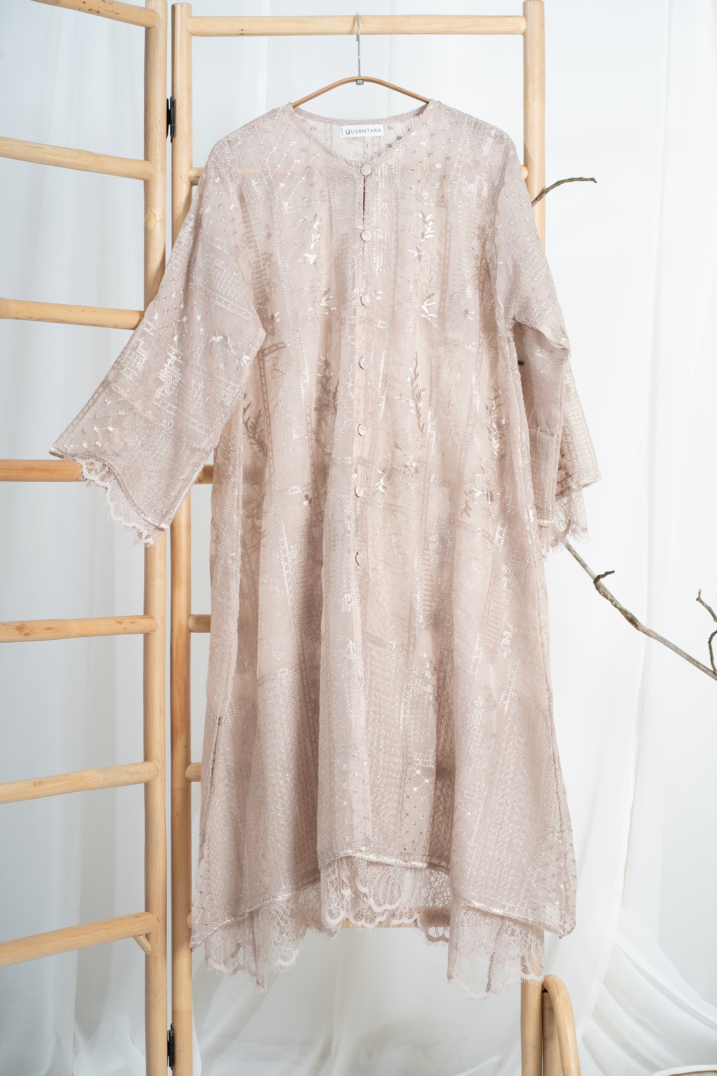 Anggun Fully Embroidered Lace Kurung Top in Nude Pink