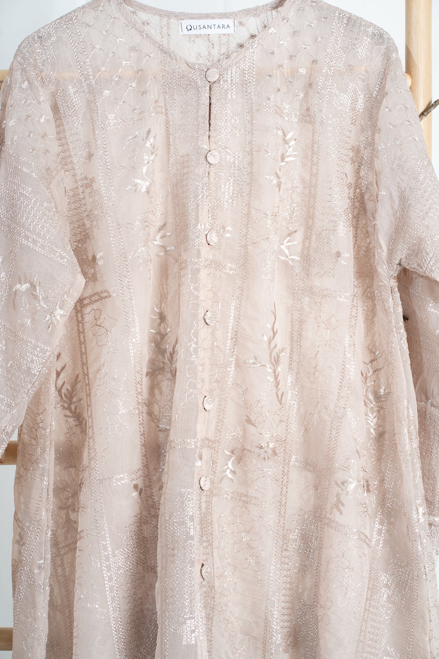 Anggun Fully Embroidered Lace Kurung Top in Nude Pink