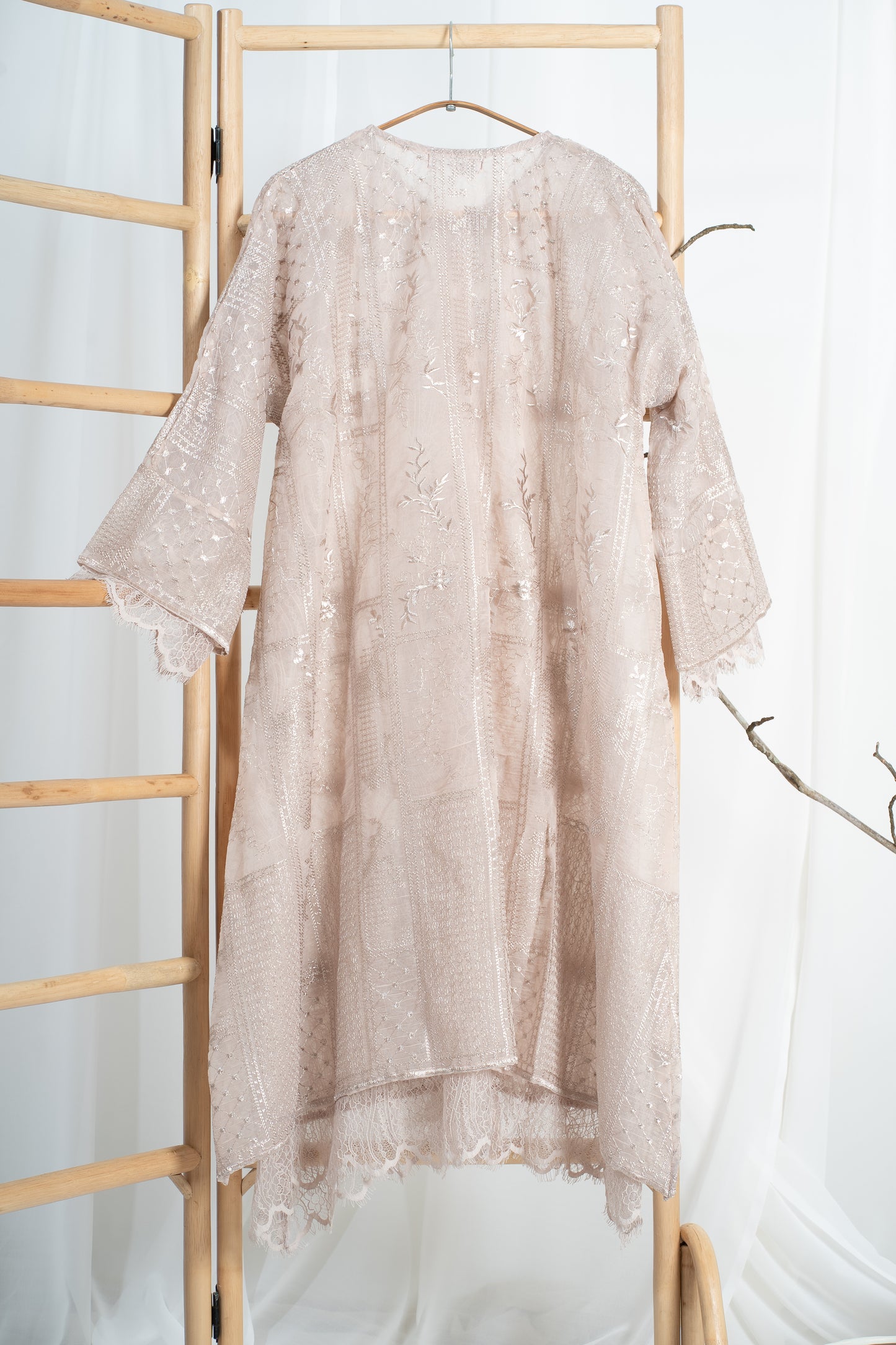 Anggun Fully Embroidered Lace Kurung Top in Nude Pink