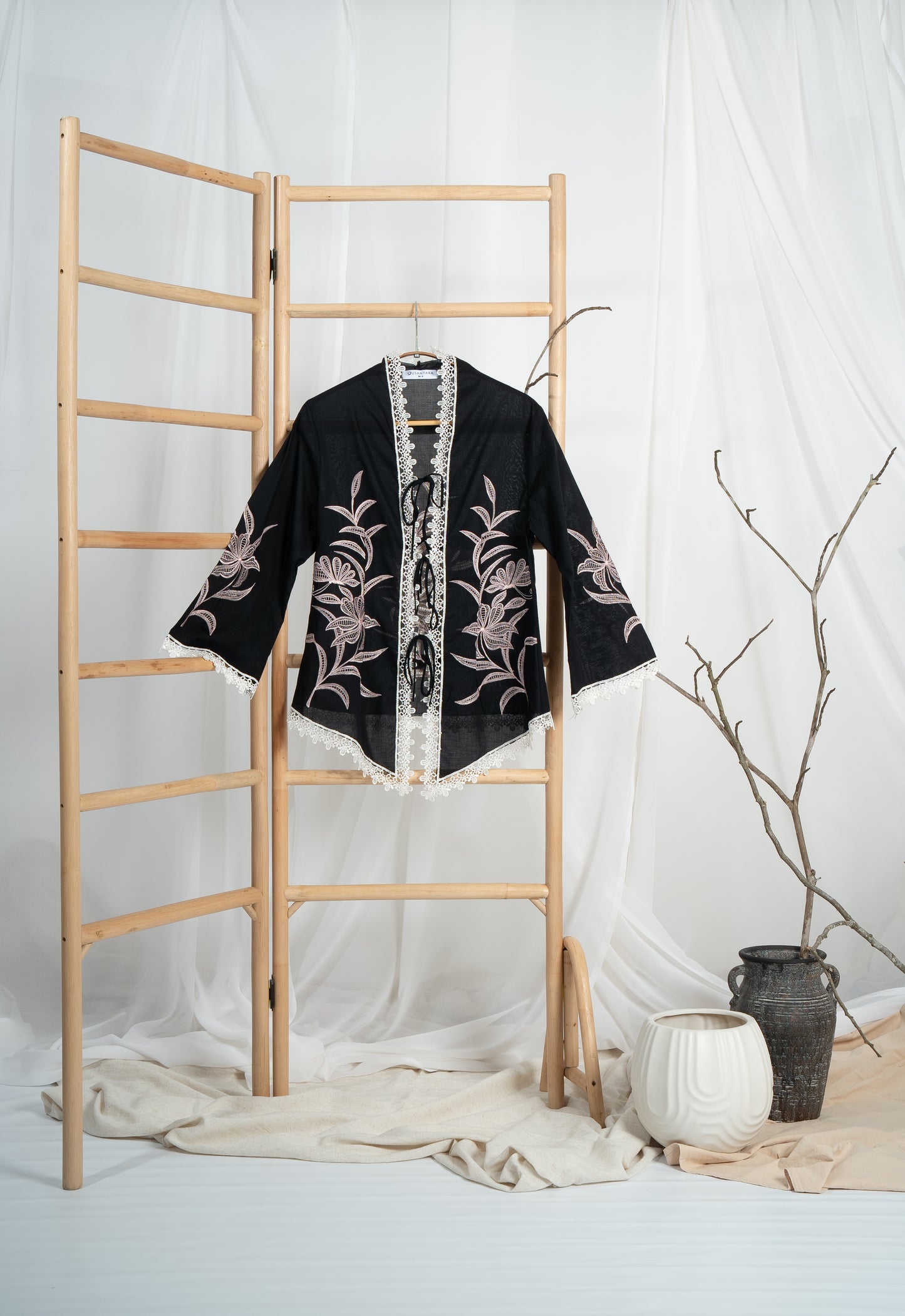 Rerama Hand Embroidered Kebaya Top in Black & Pink