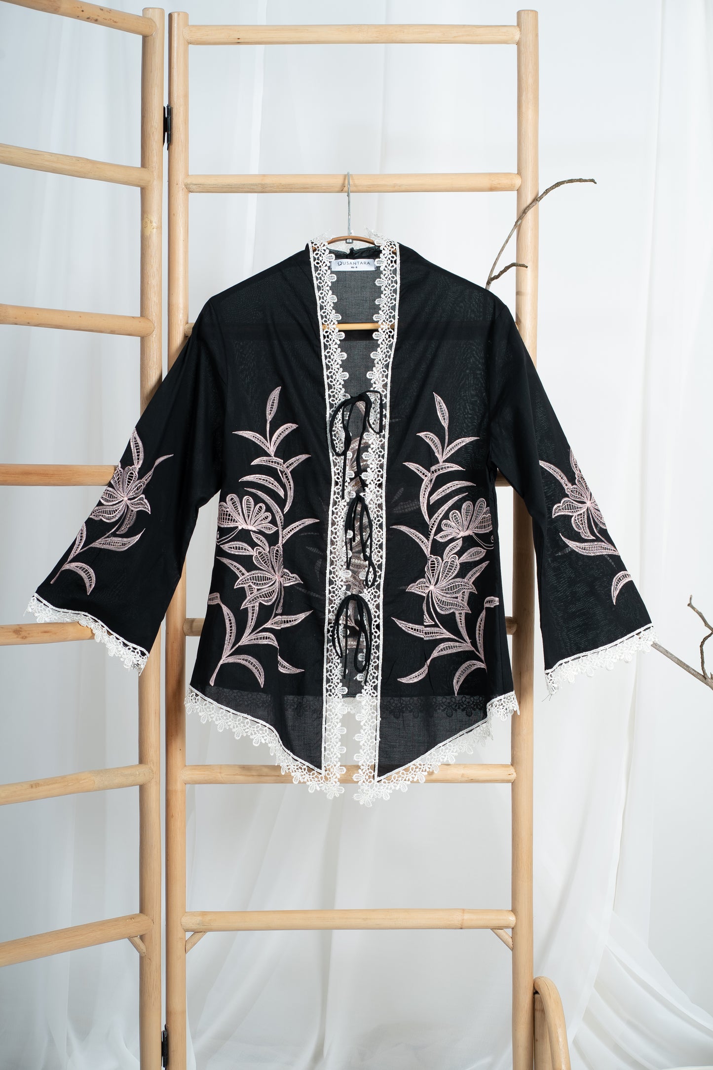 Rerama Hand Embroidered Kebaya Top in Black & Pink