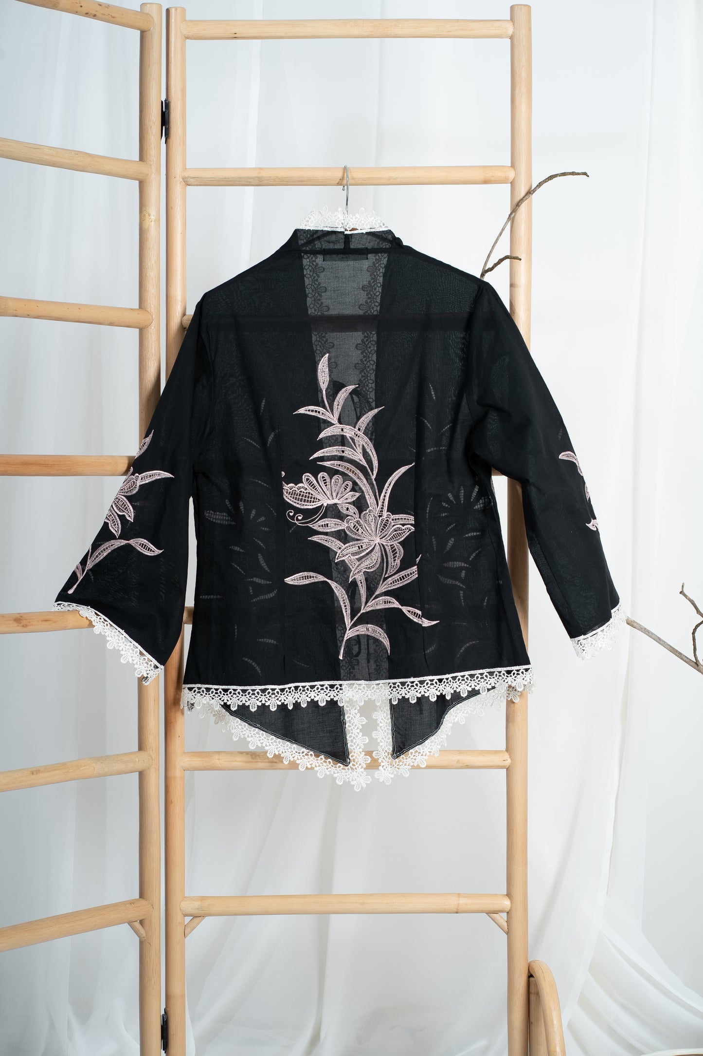 Rerama Hand Embroidered Kebaya Top in Black & Pink