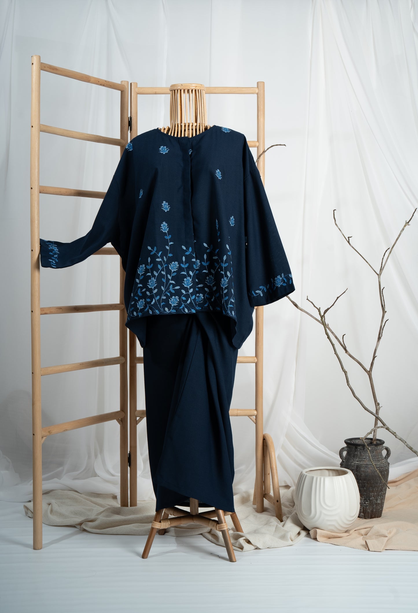 Indah Hand Embroidered Kurung Kedah Set in Navy Blue