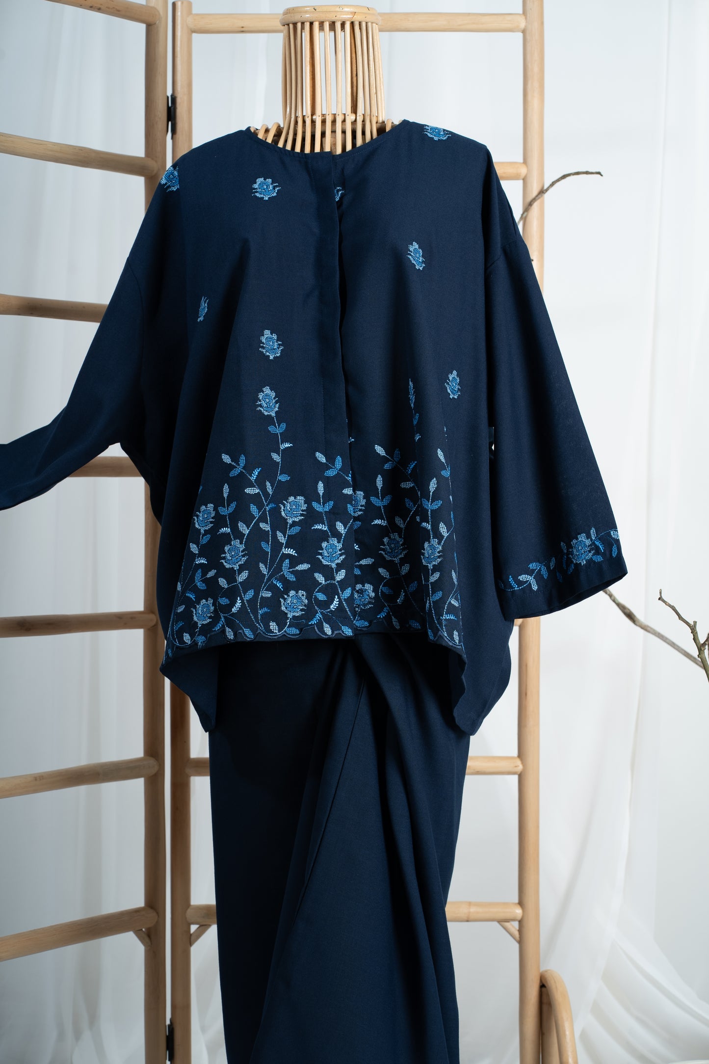 Indah Hand Embroidered Kurung Kedah Set in Navy Blue