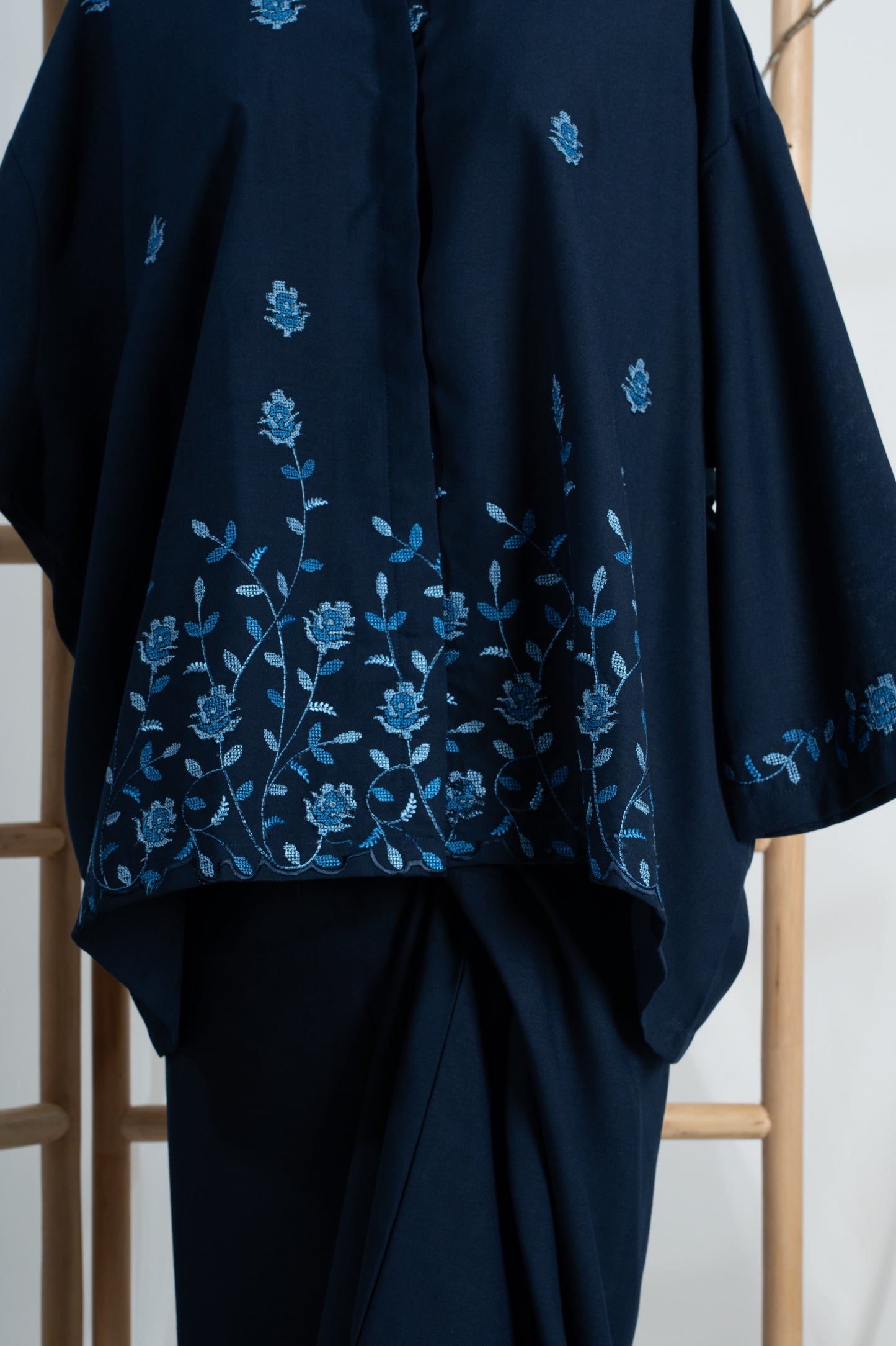 Indah Hand Embroidered Kurung Kedah Set in Navy Blue