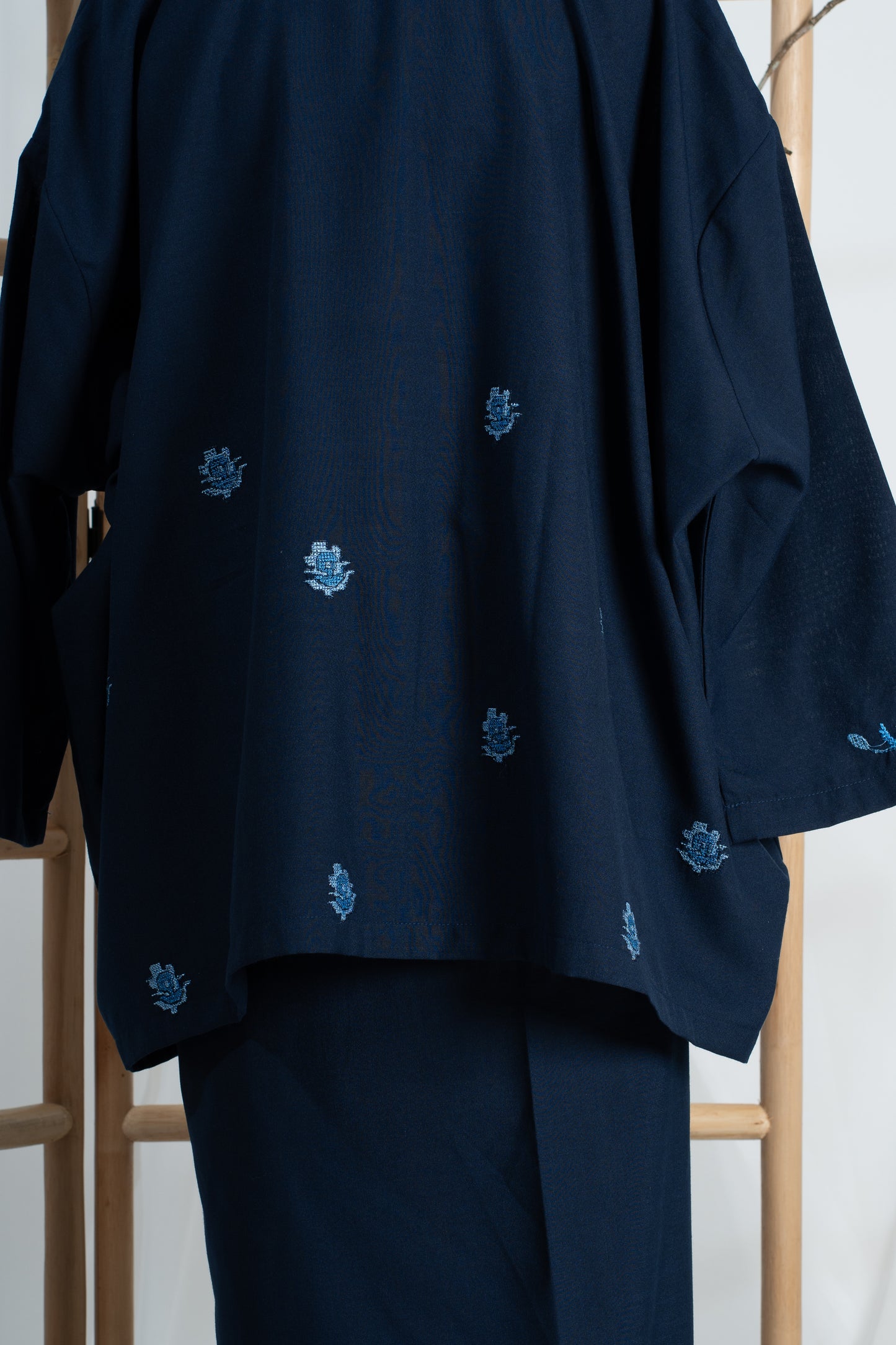 Indah Hand Embroidered Kurung Kedah Set in Navy Blue