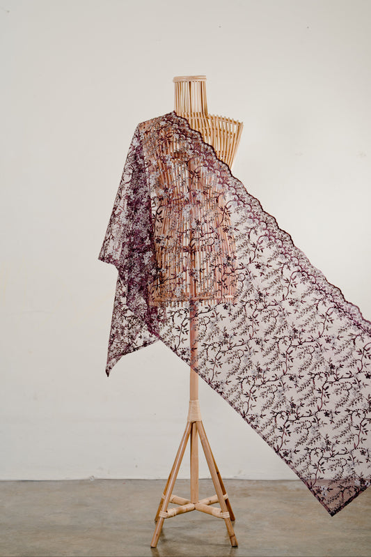 Purnama Bejewelled Selendang in Dark Plum, Ash & Eggshell