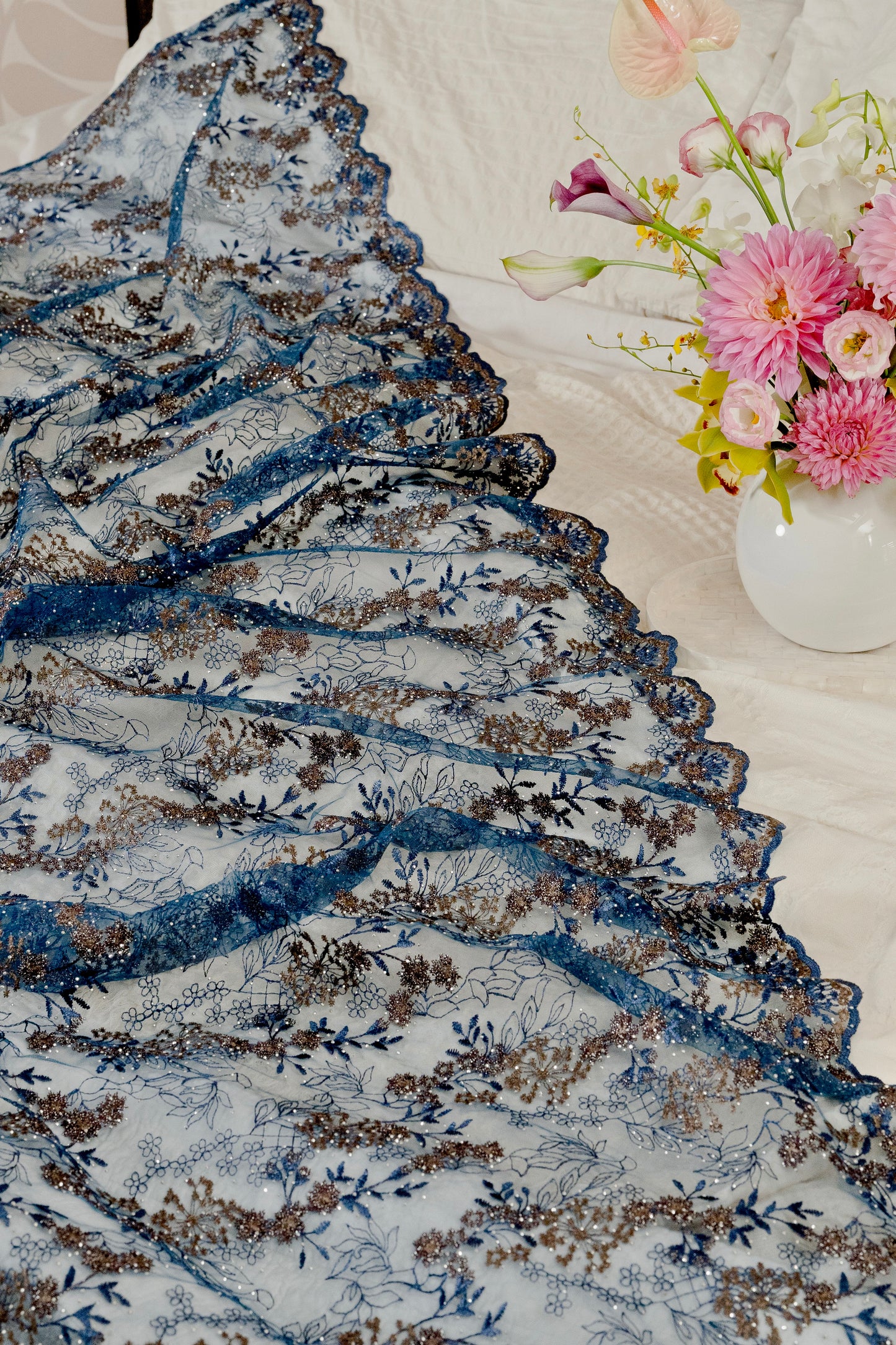 Naluri Bejewelled Selendang in Midnight Blue & Brown
