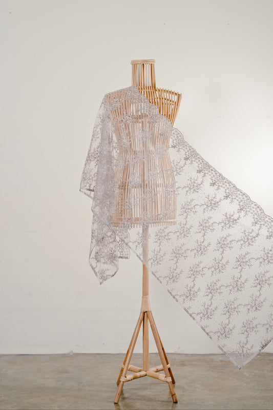 Purnama Bejewelled Selendang in Silver, Soft Grey & Eggshell