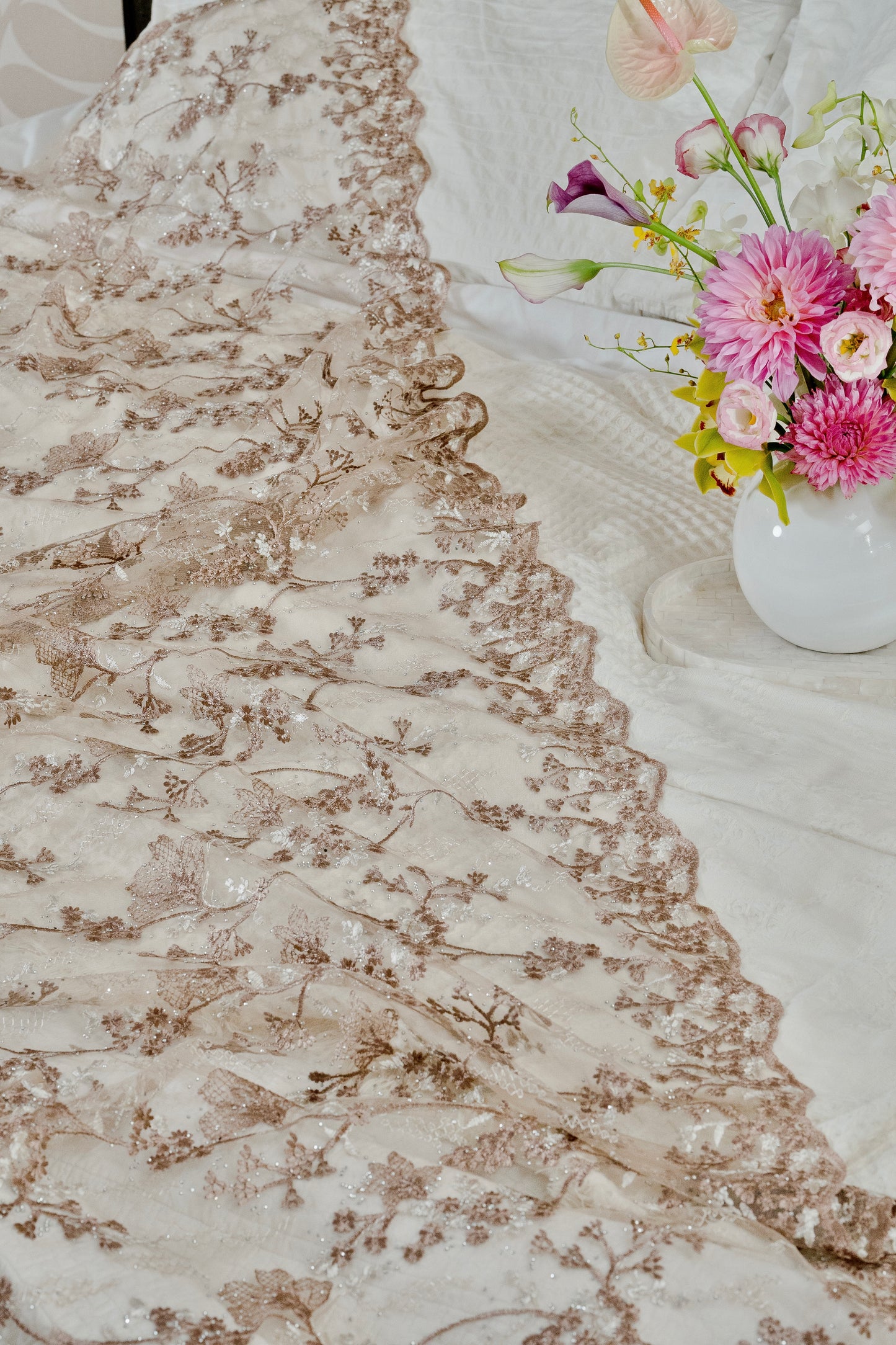 Naluri Bejewelled Selendang in Soft Brown & Ivory
