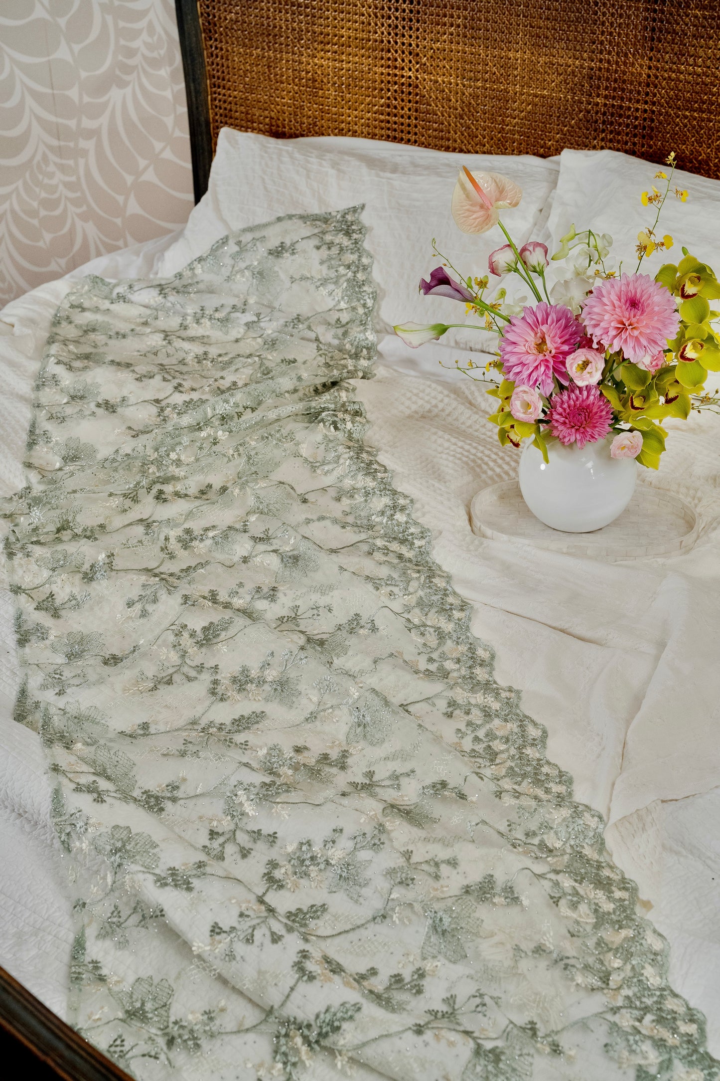 Naluri Bejewelled Selendang in Sage Green & Ivory