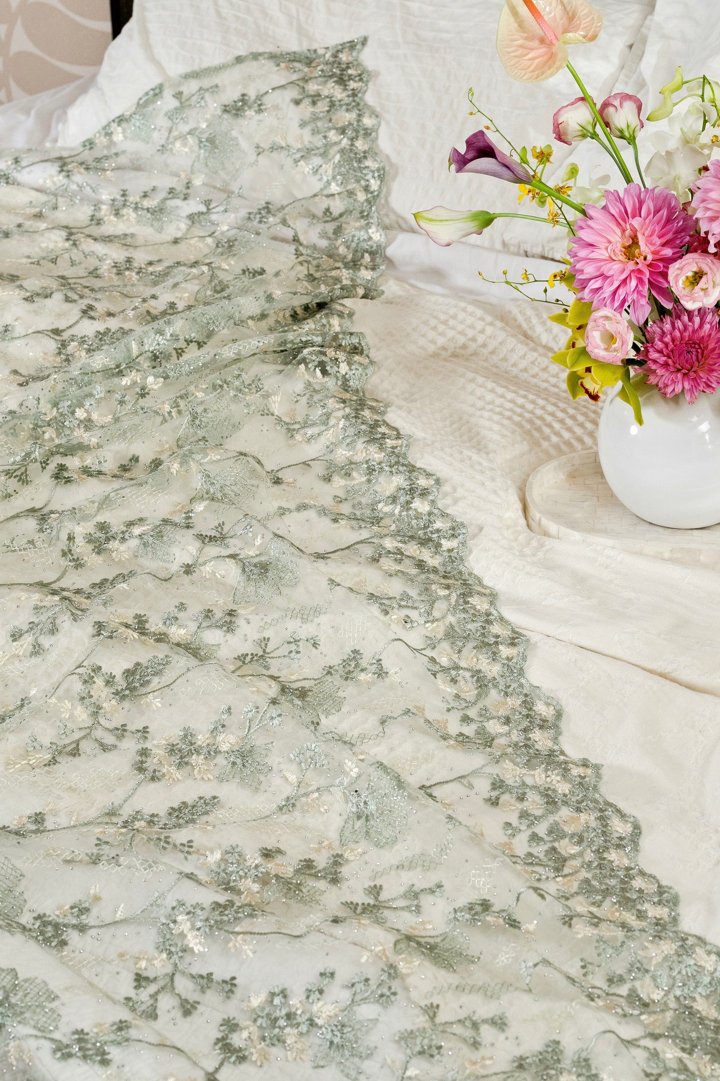Naluri Bejewelled Selendang in Sage Green & Ivory