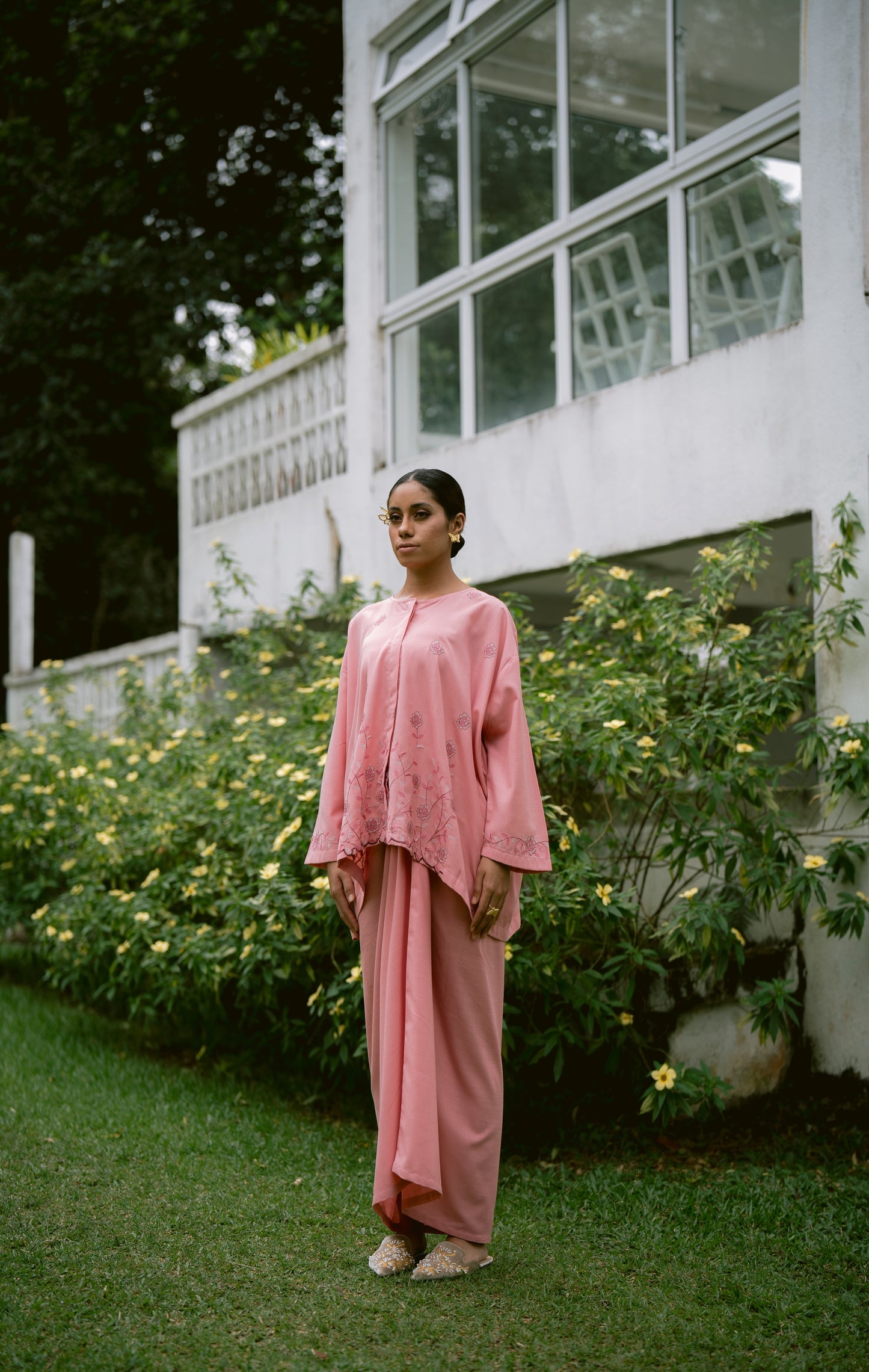 Indah Hand Embroidered Kurung Kedah Set in Navy Blue